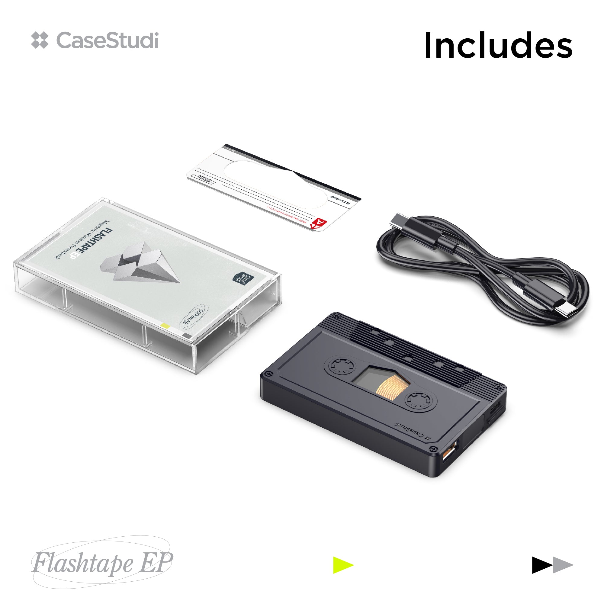 Casestudi Flashtape EP package: Includes one Flashtape EP, one cassette sticker, one USB-C to USB-C cable, and one cassette box.