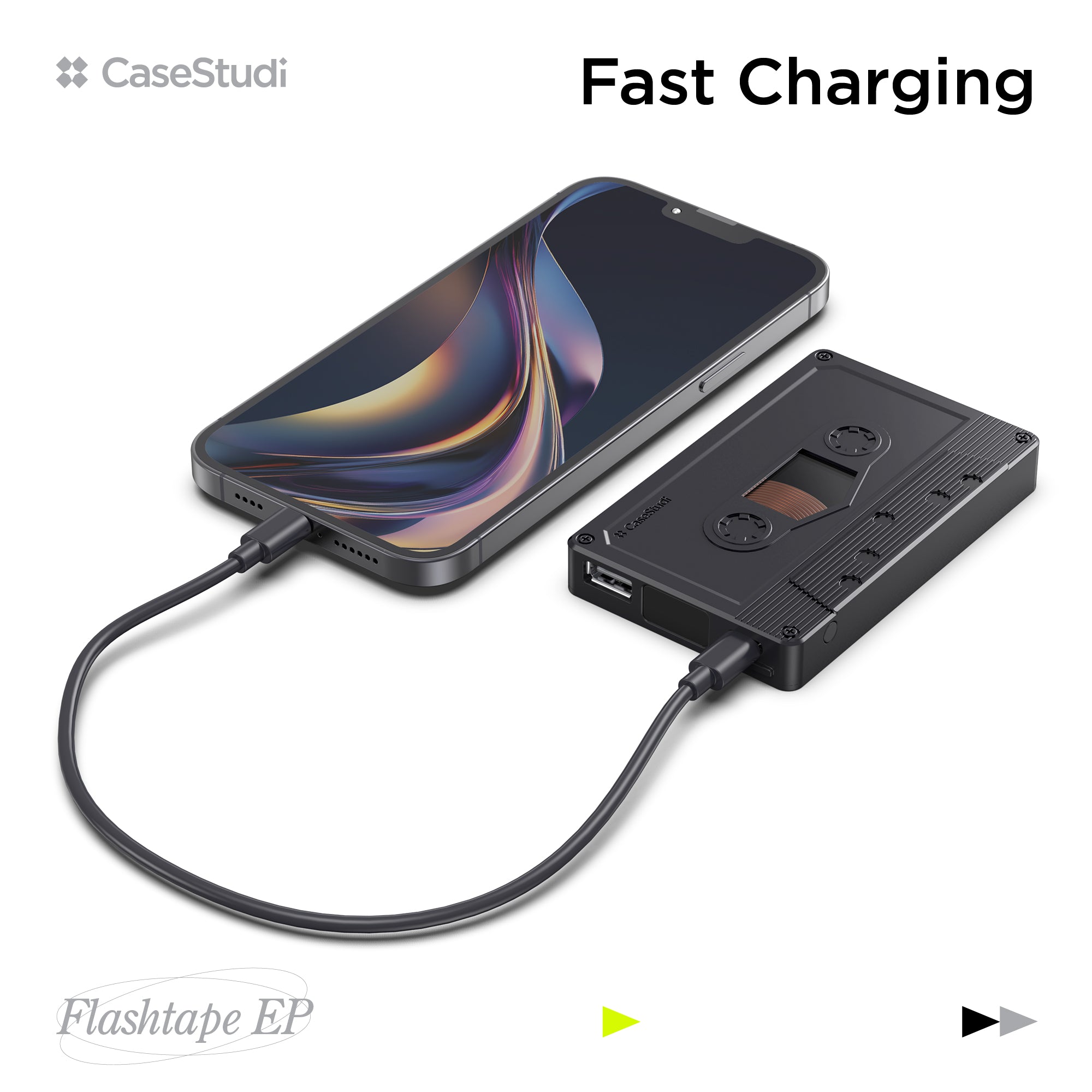 Casestudi Flashtape: A power bank with PD fast charging, combining modern tech with retro cassette design.