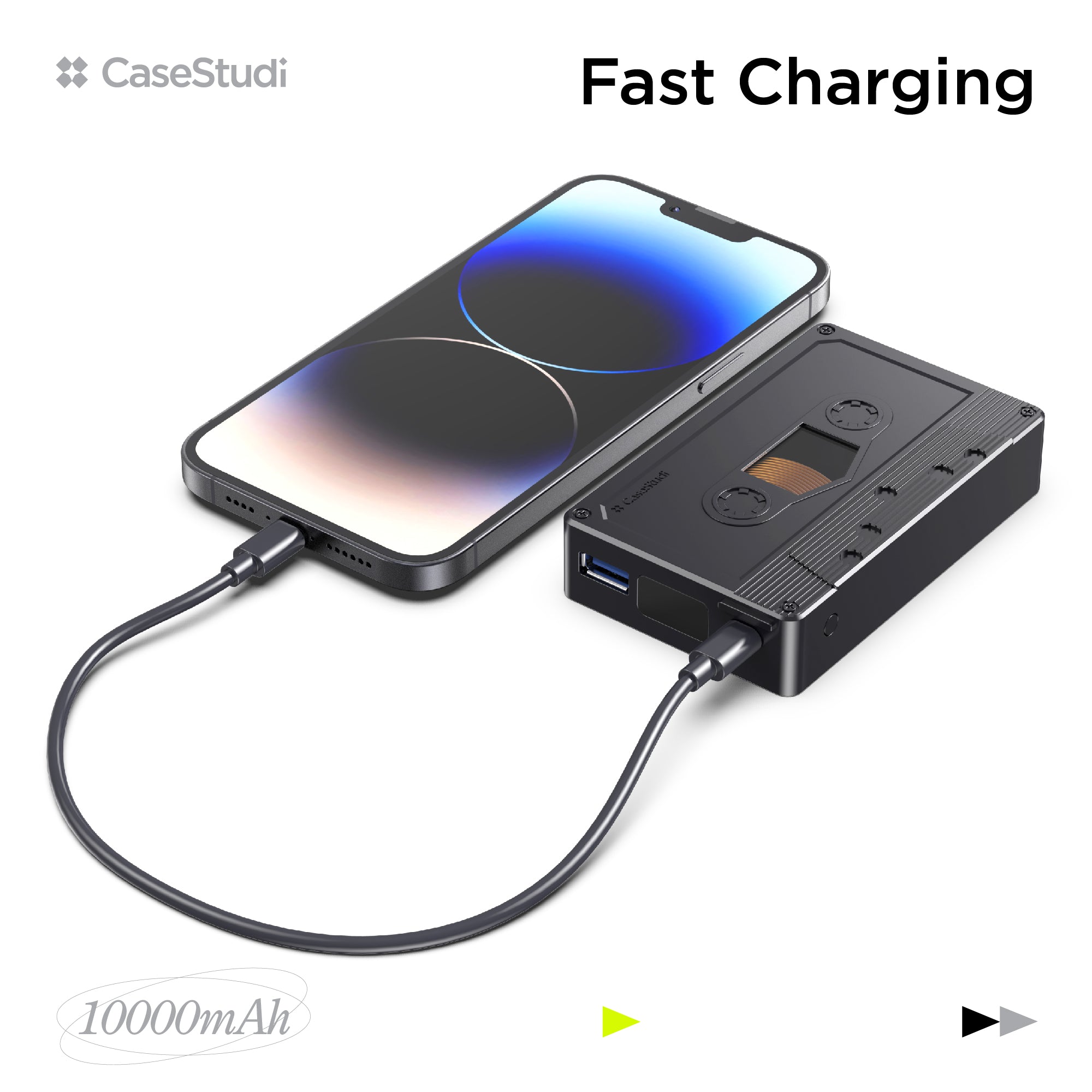 Casestudi Flashtape: A power bank with PD fast charging, combining modern tech with retro cassette design.