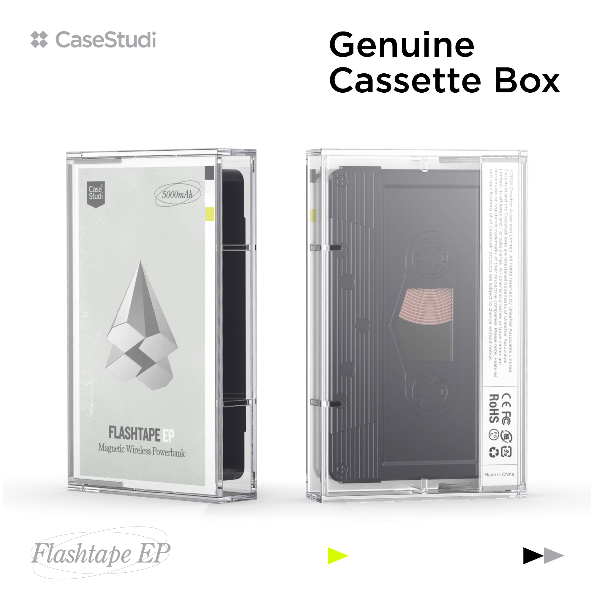 Casestudi Flashtape 5000mAh Power Bank in Genuine Cassette Box, Combining Retro Style with Modern Technology.