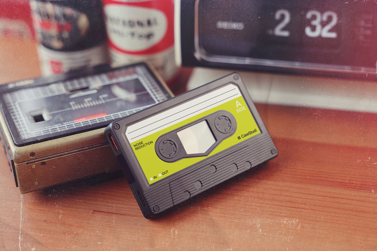 Casestudi Flashtape Power Bank: 10000mAh cassette-inspired design alongside a classic Walkman, featuring MagSafe compatibility, dual ports, fast charging, and LED display—blending nostalgia with modern tech.