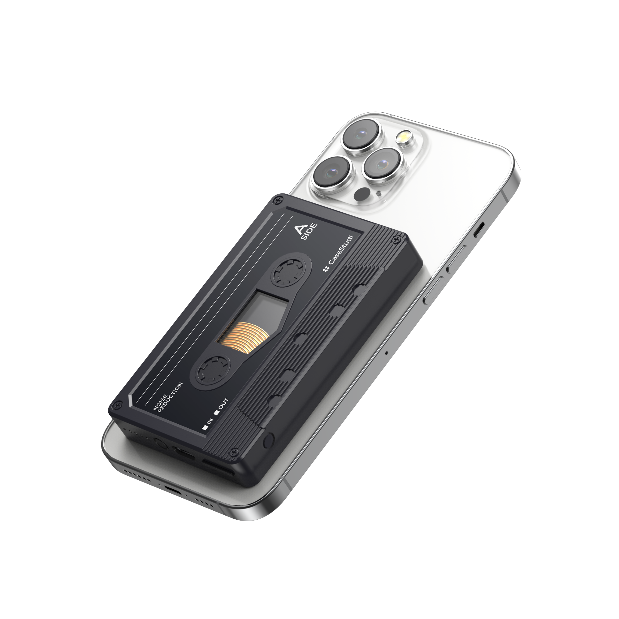 Casestudi Flashtape: A MagSafe-compatible power bank designed in a retro cassette style.