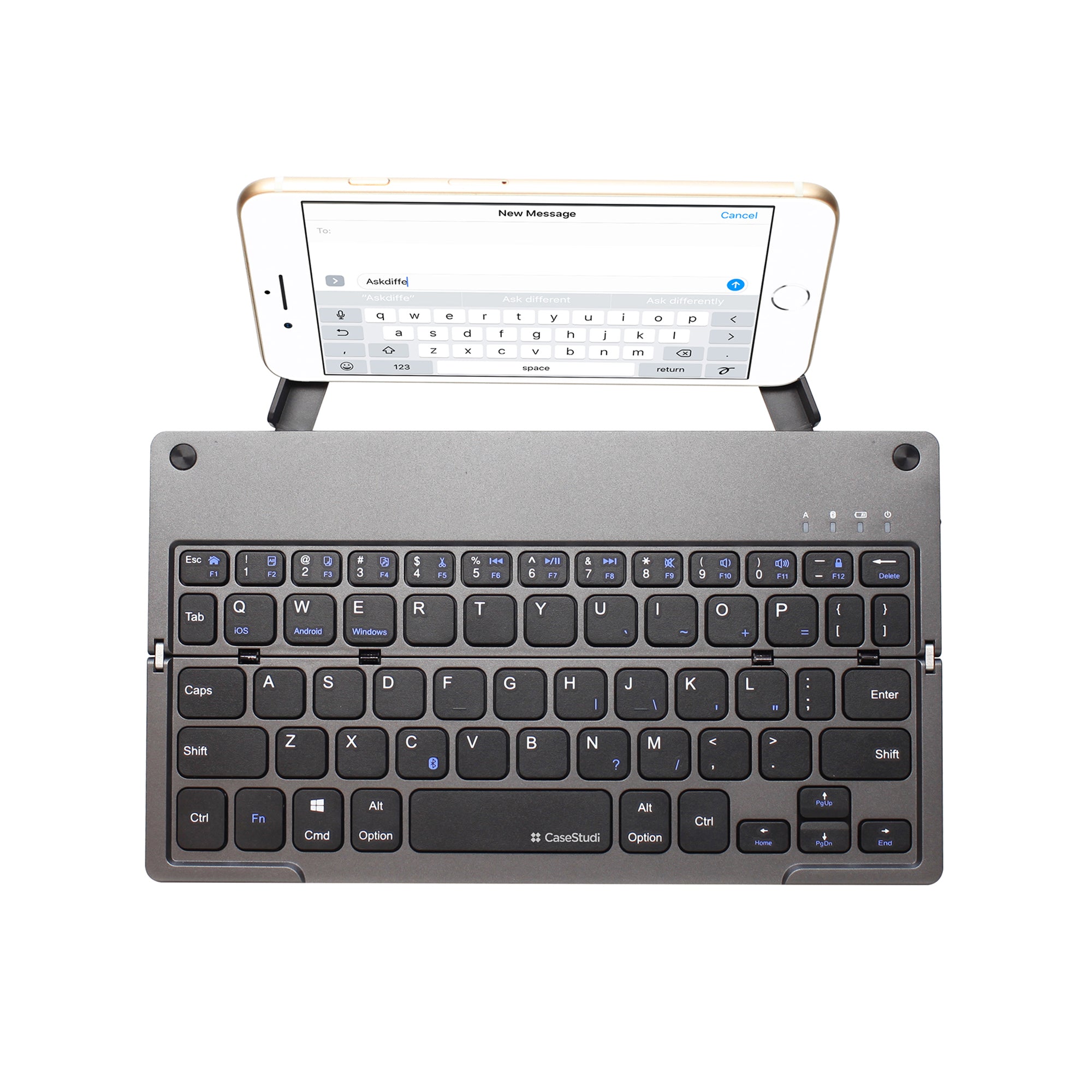 Casestudi Foldboard Stand with stand supporting an iPhone, showcasing its sleek and versatile design.