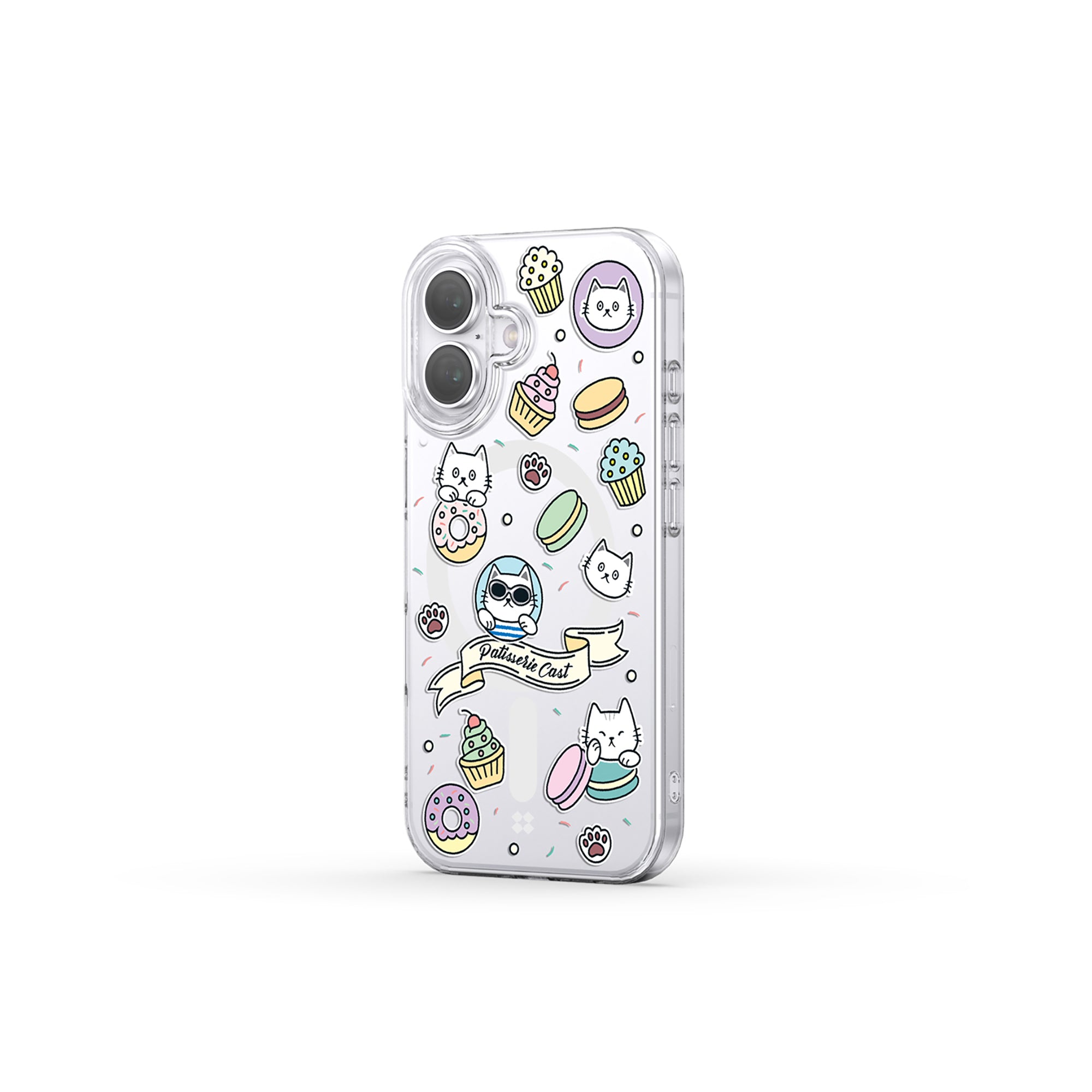 Casestudi iPhone 16 Case featuring a vibrant pattern of donuts, cupcakes, and macarons, combining premium protection with a playful dessert-inspired design.