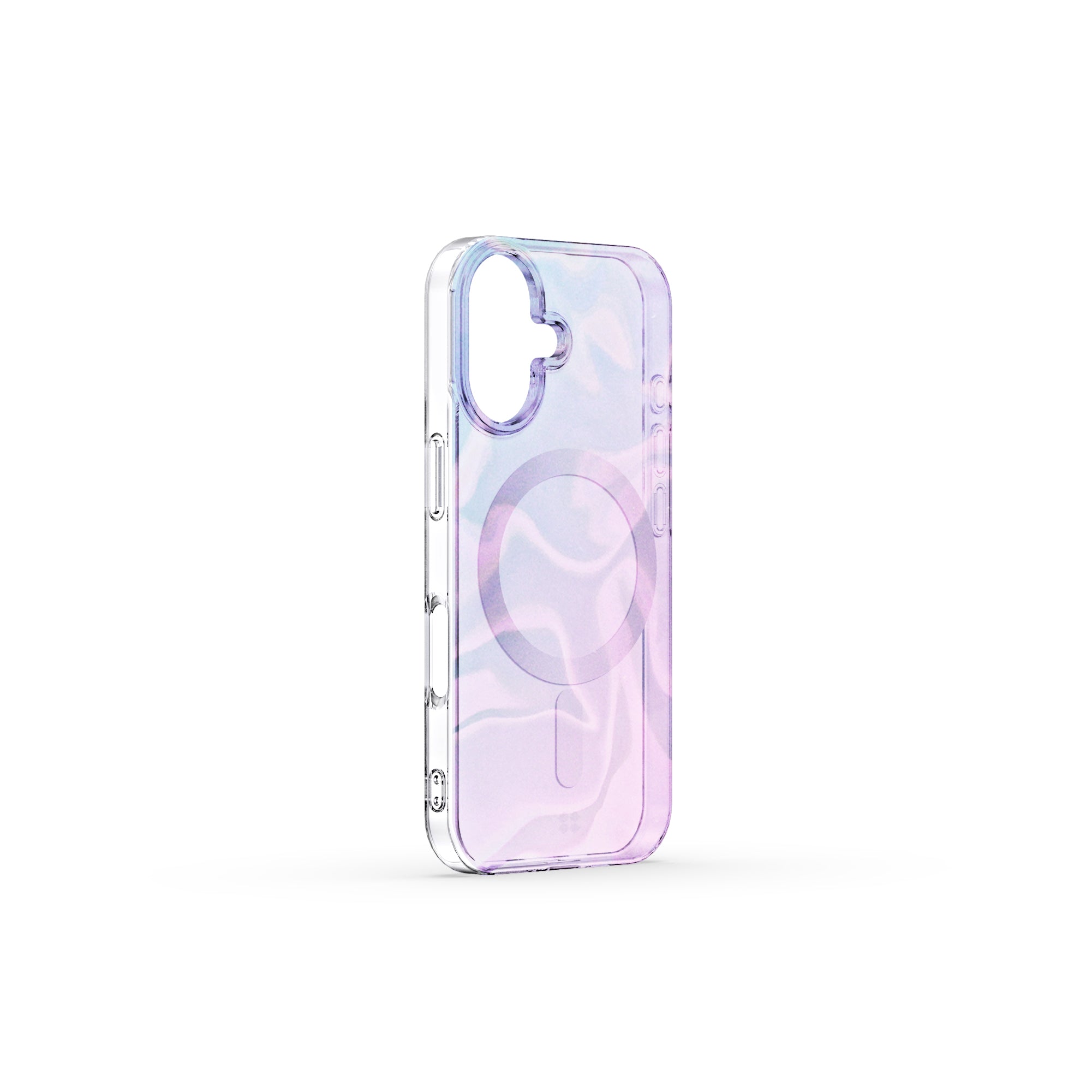 A stunning iPhone 16 6.1-inch case, shown without a phone, showcasing its dazzling holographic design with a silk-like shine and scratch-resistant finish.
