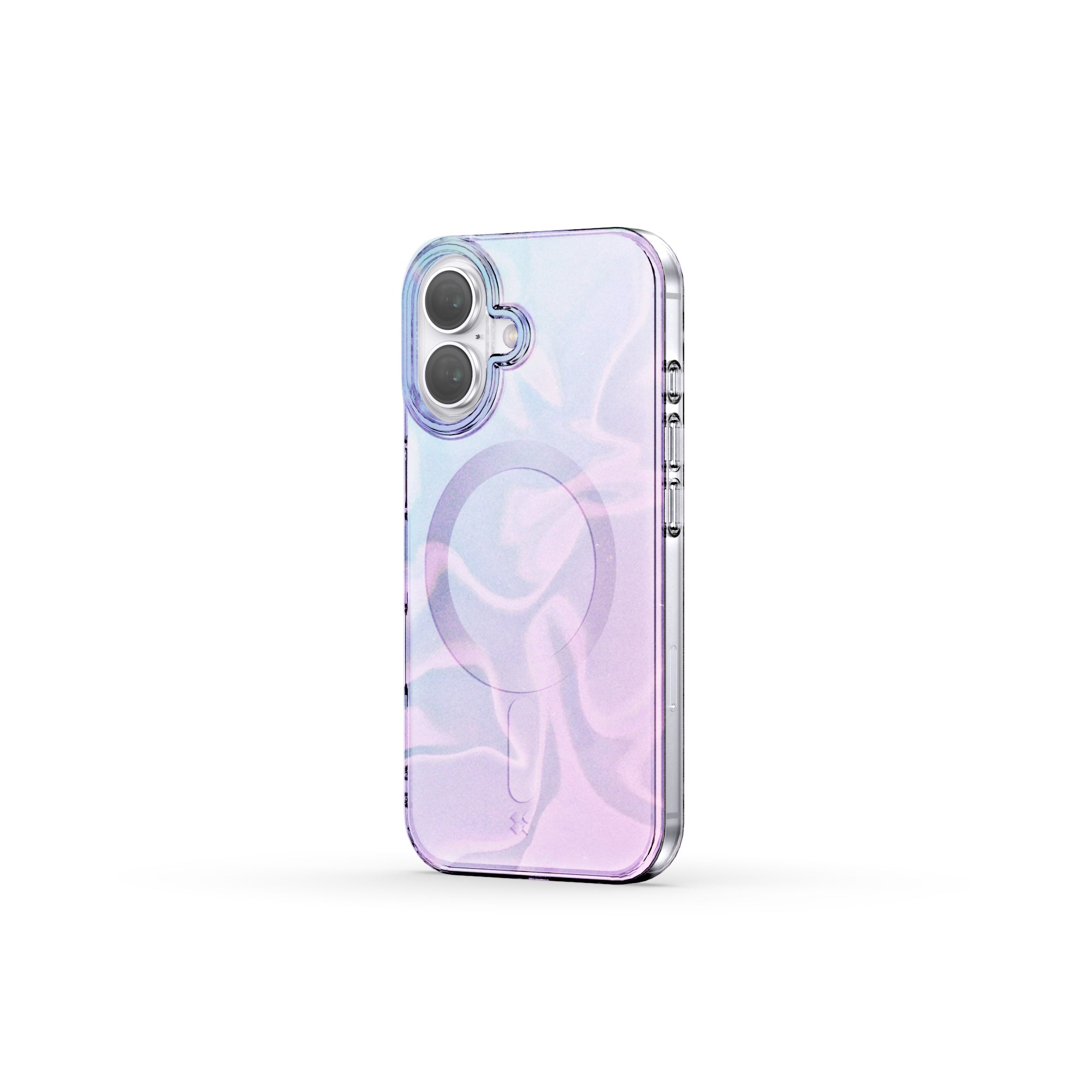 iPhone 16 6.1-inch case featuring a distinctive holographic design with a silk-like shine, providing anti-scratch protection and easy snap-on installation.