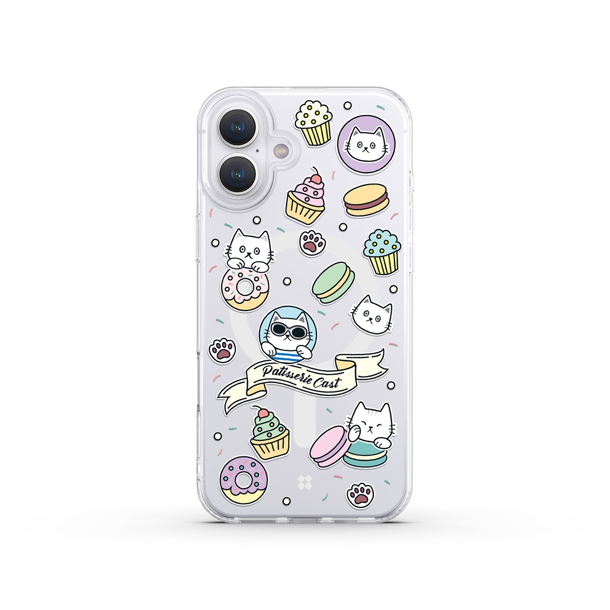 A front view of the Casestudi iPhone 16 Plus Case, showcasing intricate illustrations of donuts, cupcakes, and macarons, perfect for dessert lovers.