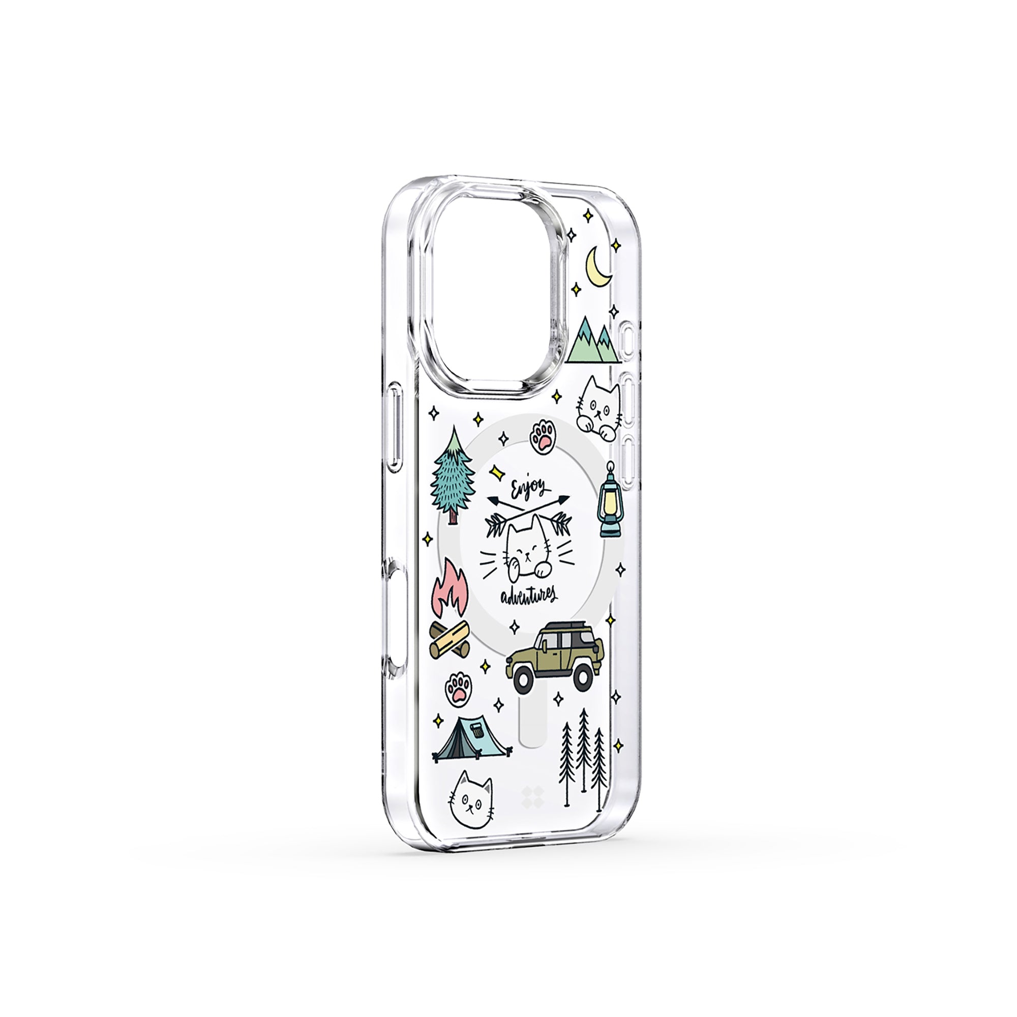 Casestudi iPhone 16 Pro Case featuring a cozy Cast cat campfire design, perfect for cat lovers and outdoor adventurers with a taste for premium style.