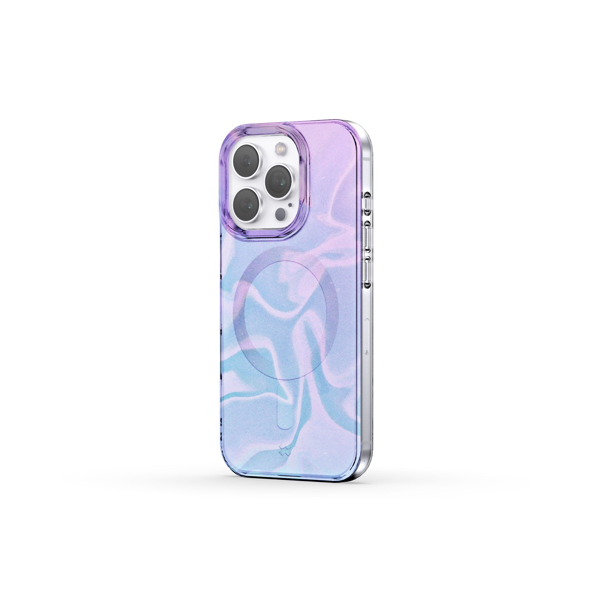 iPhone 16 Pro 6.3-inch case featuring a distinctive holographic design with a silk-like shine, providing anti-scratch protection and easy snap-on installation.