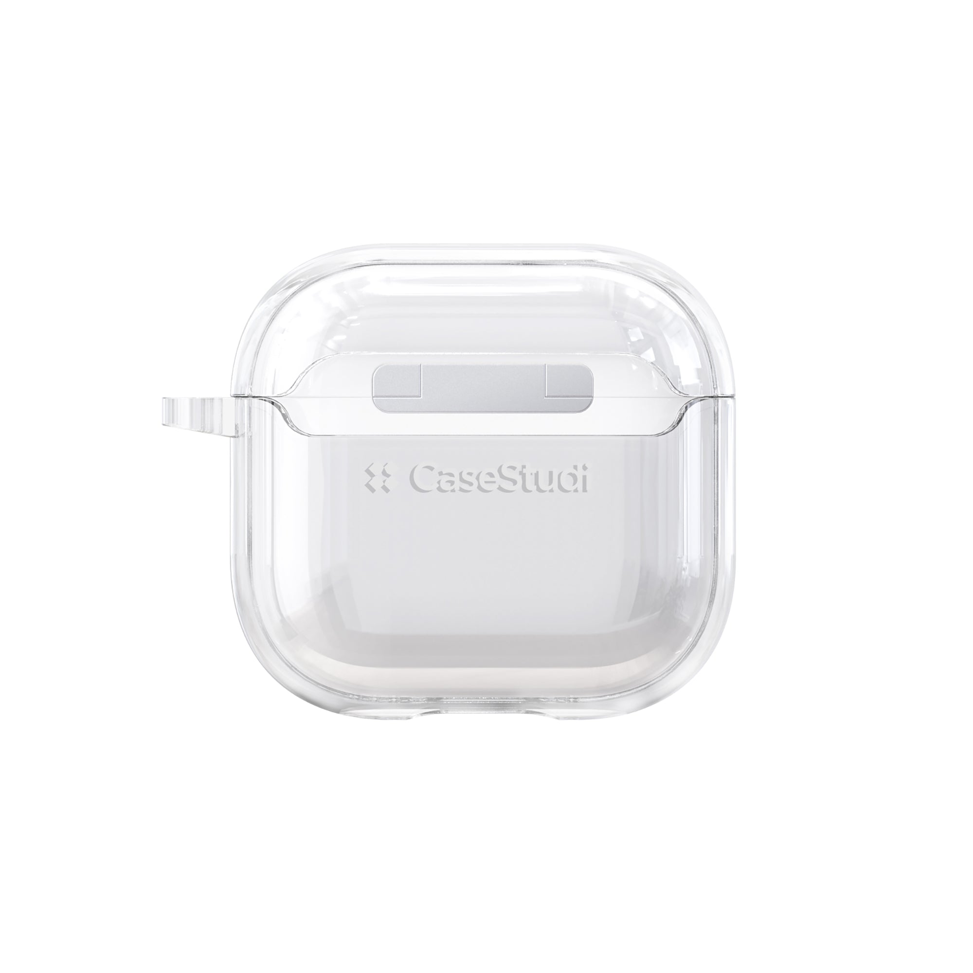 Back view of the Casestudi Explorer Series AirPods 4 Case in clear, showcasing the durable secure lock closure and anti-shock design for reliable protection, all with a modern, glossy finish.