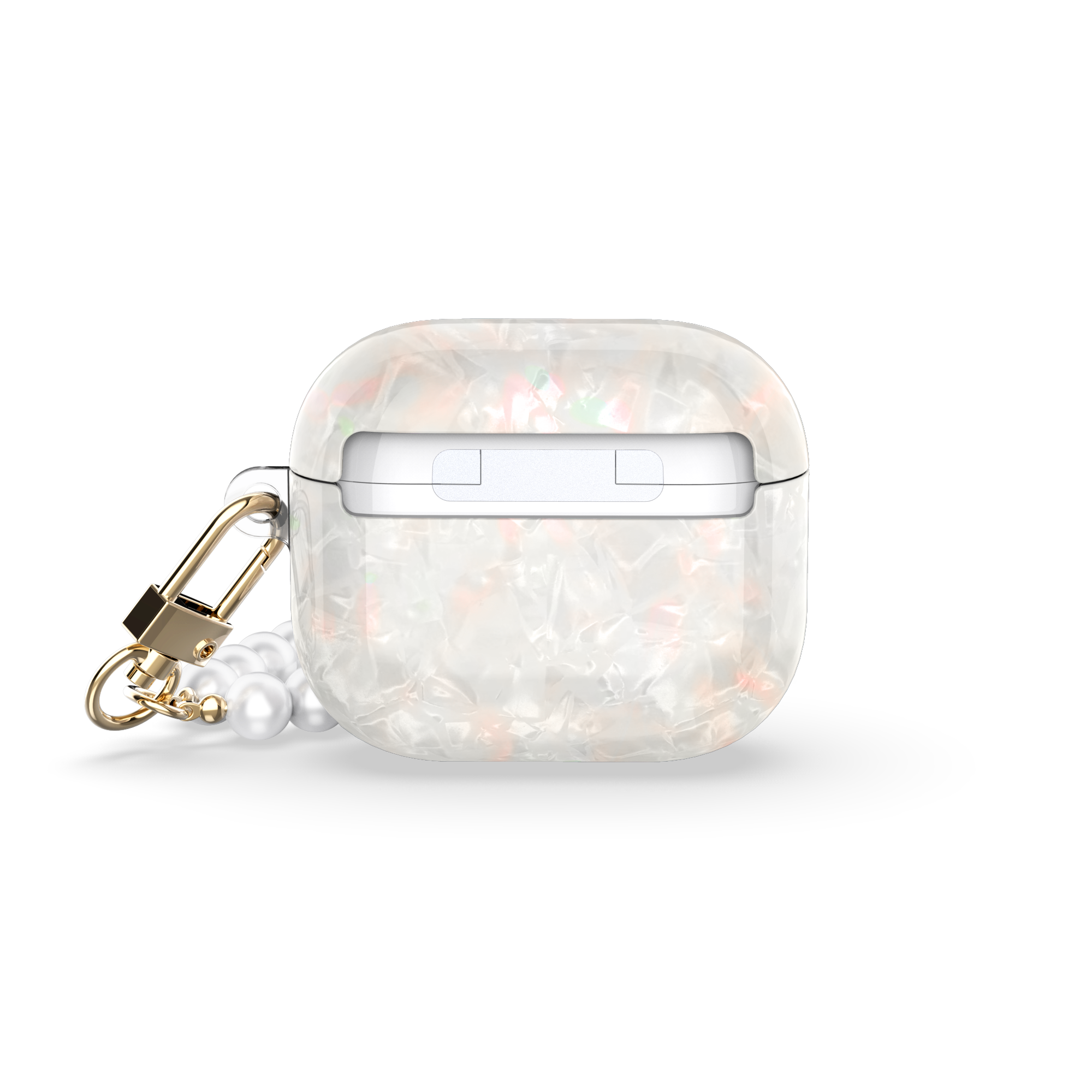Back view of the Casestudi AirPods 4 Case Gala Holo, showcasing its durable design with a shimmering holographic effect and a pearl strap for a touch of elegance.