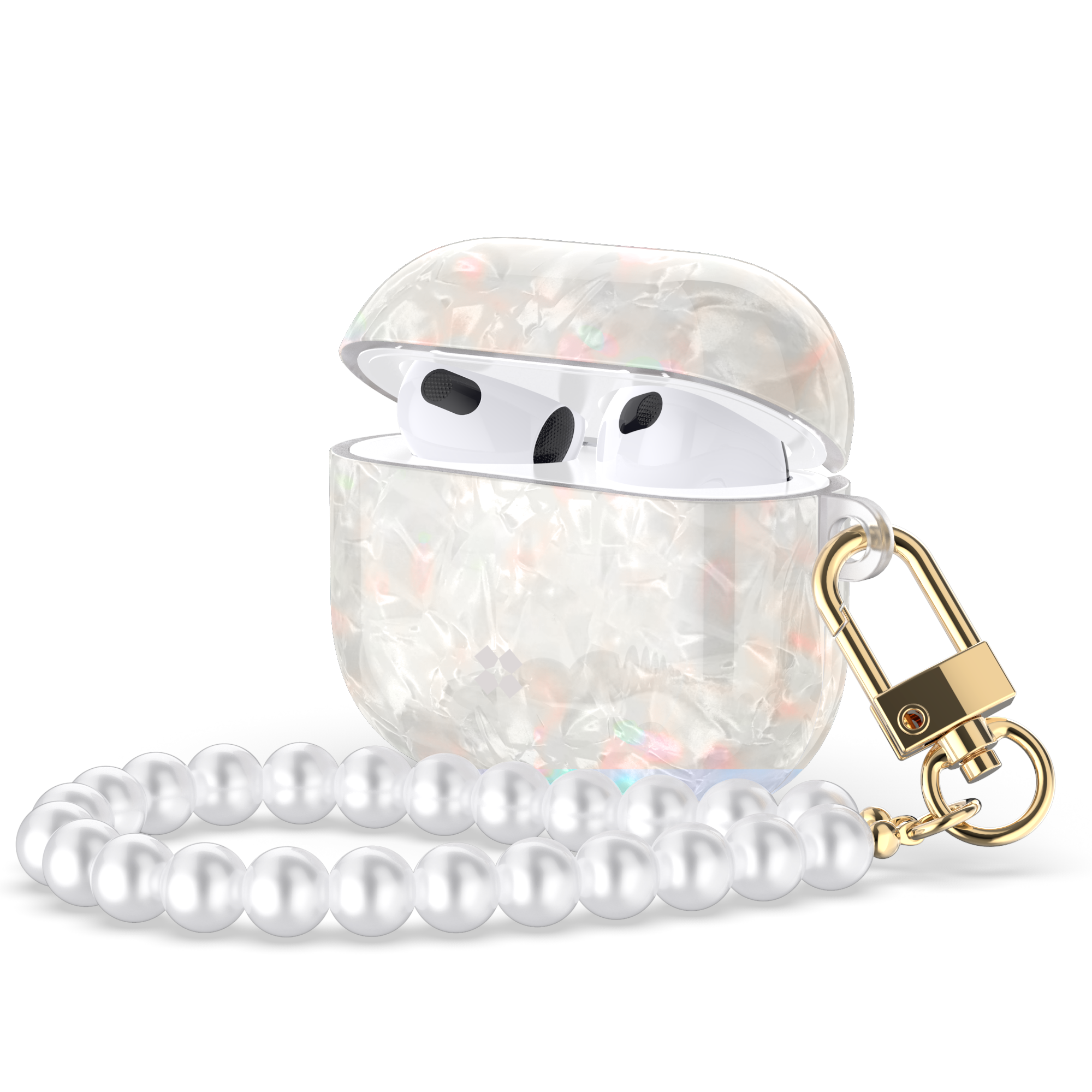 Casestudi AirPods 4 Case Gala Holo with a vibrant holographic effect, shown open for easy AirPods access, and comes with an elegant pearl strap for added charm.