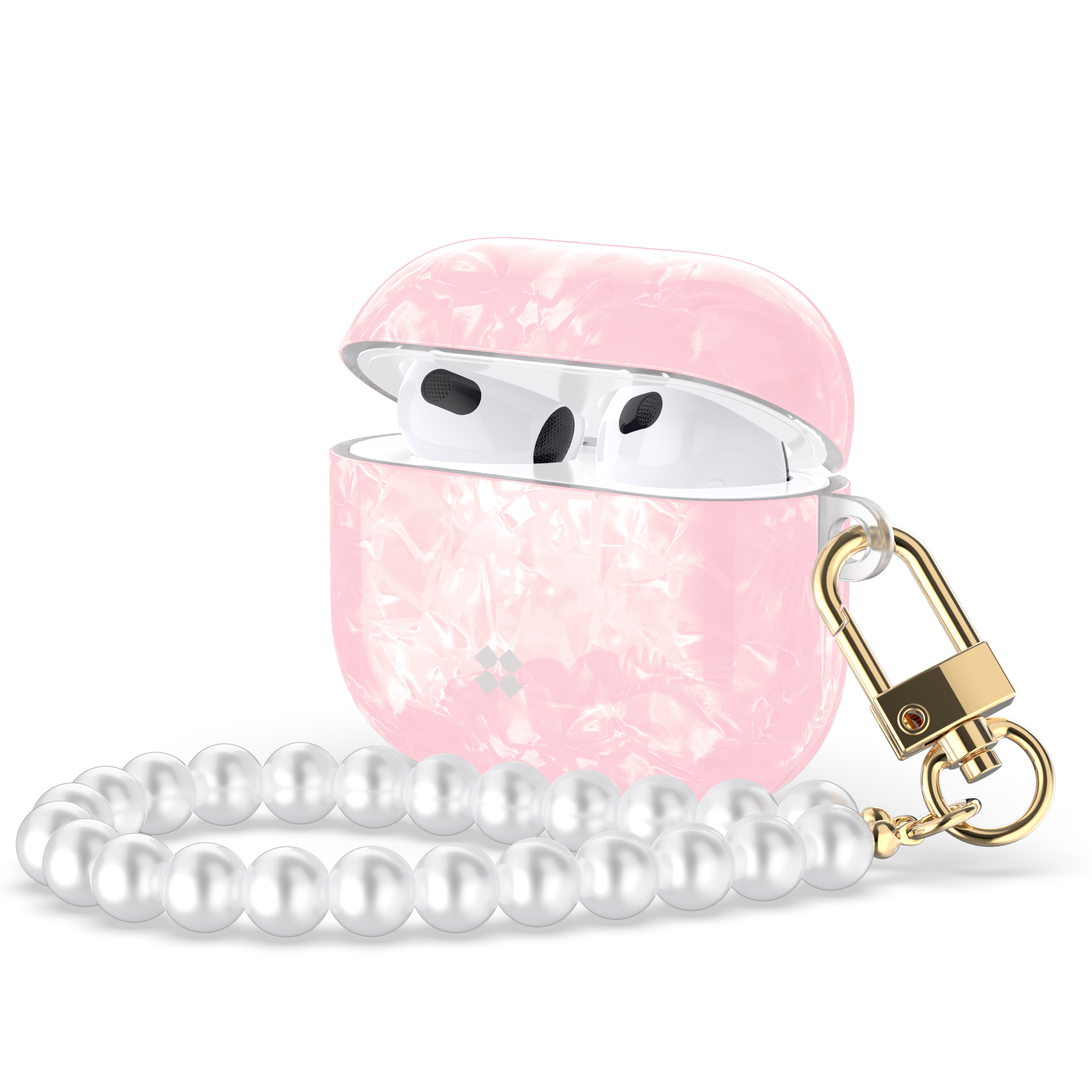 Casestudi AirPods 4 Case Gala Pink in a soft, elegant pink design, shown open for easy AirPods access, and comes with an acrylic pearl strap for added sophistication.
