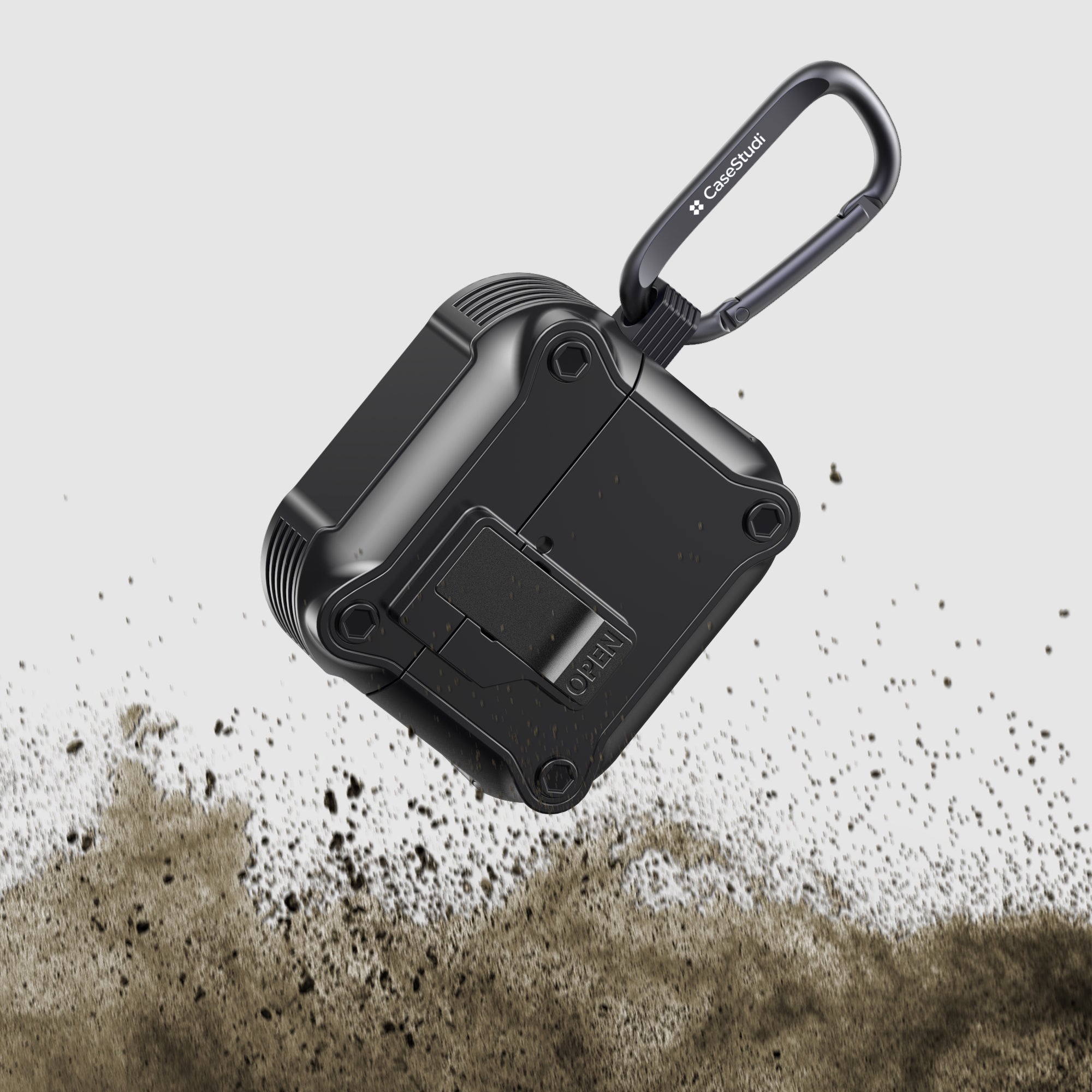 Casestudi Impact Series AirPods 4 Case in black, featuring a specialized anti-drop design for enhanced protection against accidental falls, combining rugged functionality with sleek style.