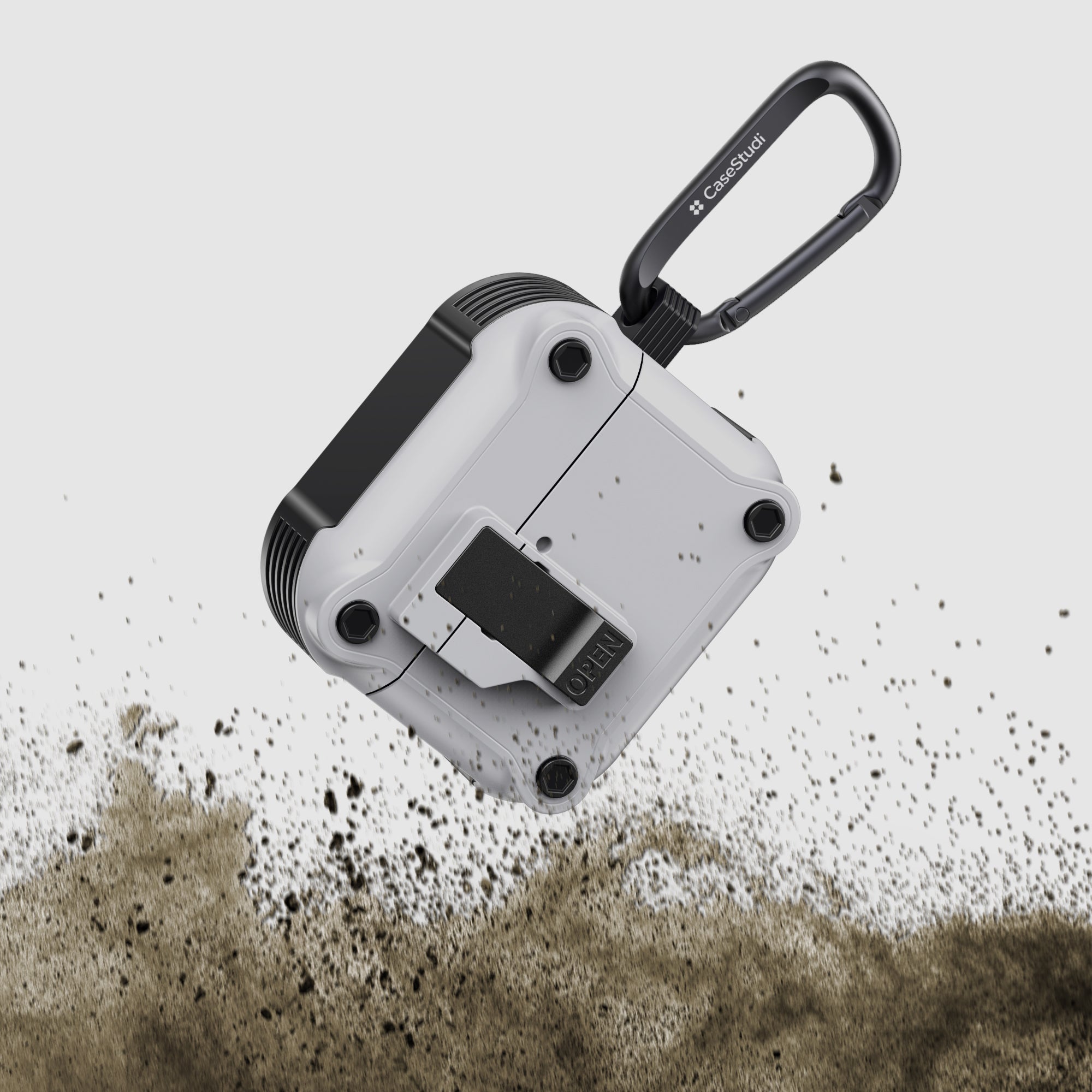 Casestudi Impact Series AirPods 4 Case in white, featuring a specialized anti-drop design for enhanced protection against accidental falls, combining rugged functionality with sleek style.