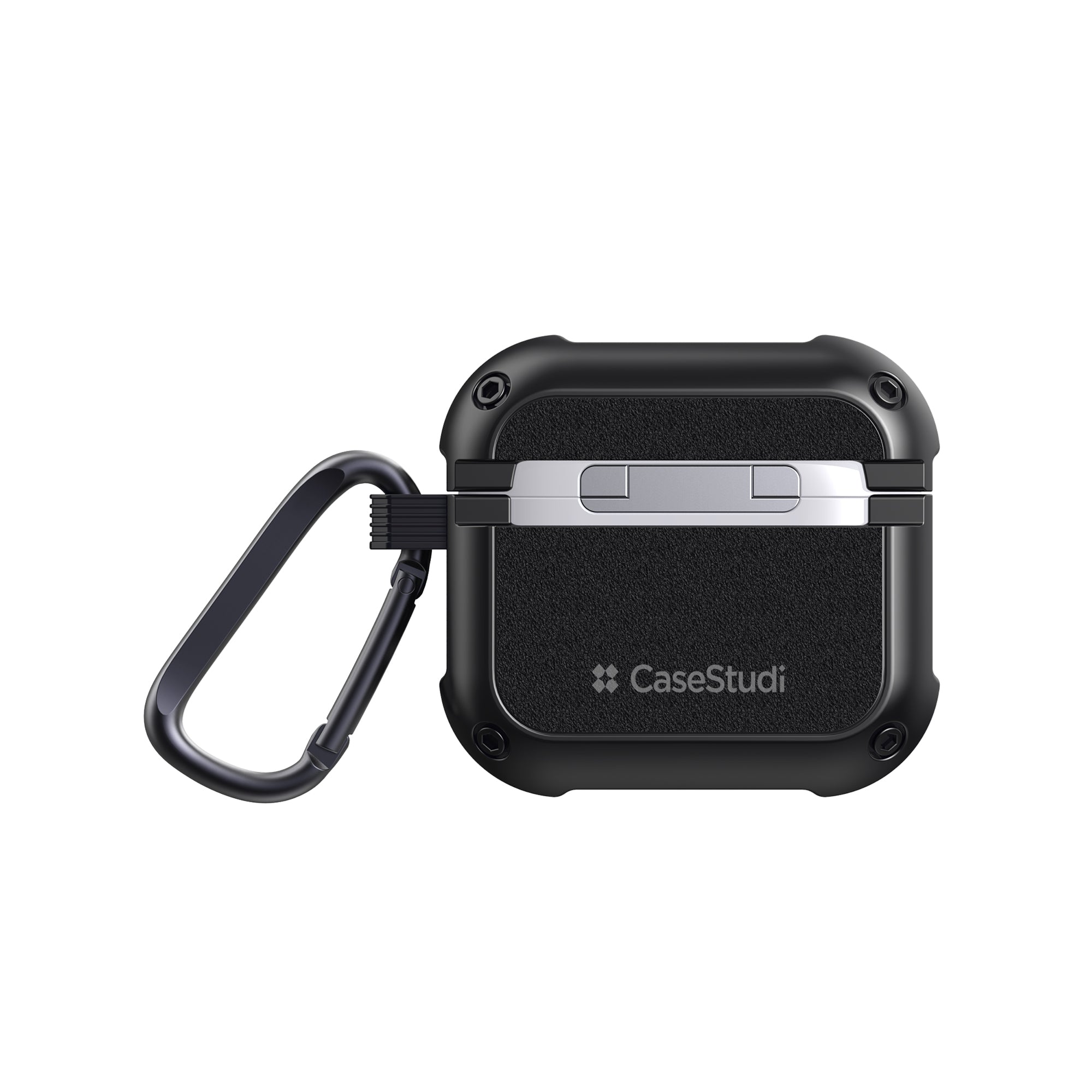 Detailed back view of the Casestudi Impact Series AirPods 4 Case in black, engineered with a modern finish and built to withstand daily drops and impacts.