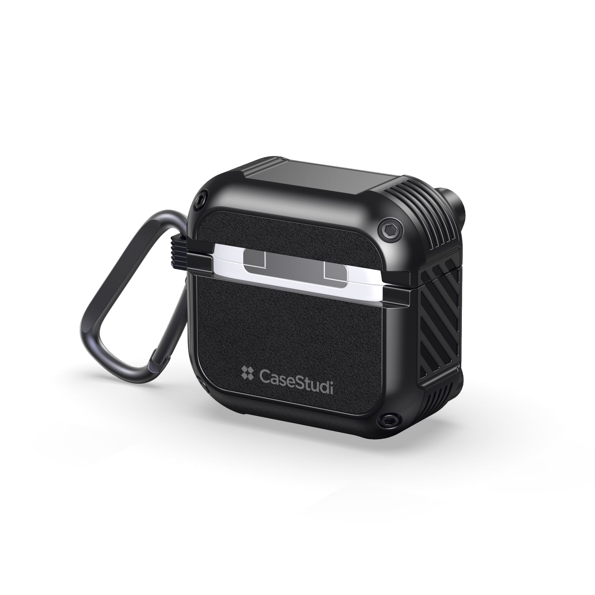 Back view of the Casestudi Impact Series AirPods 4 Case in black, highlighting its durable magnetic locking system and precision-molded design for superior all-around protection.