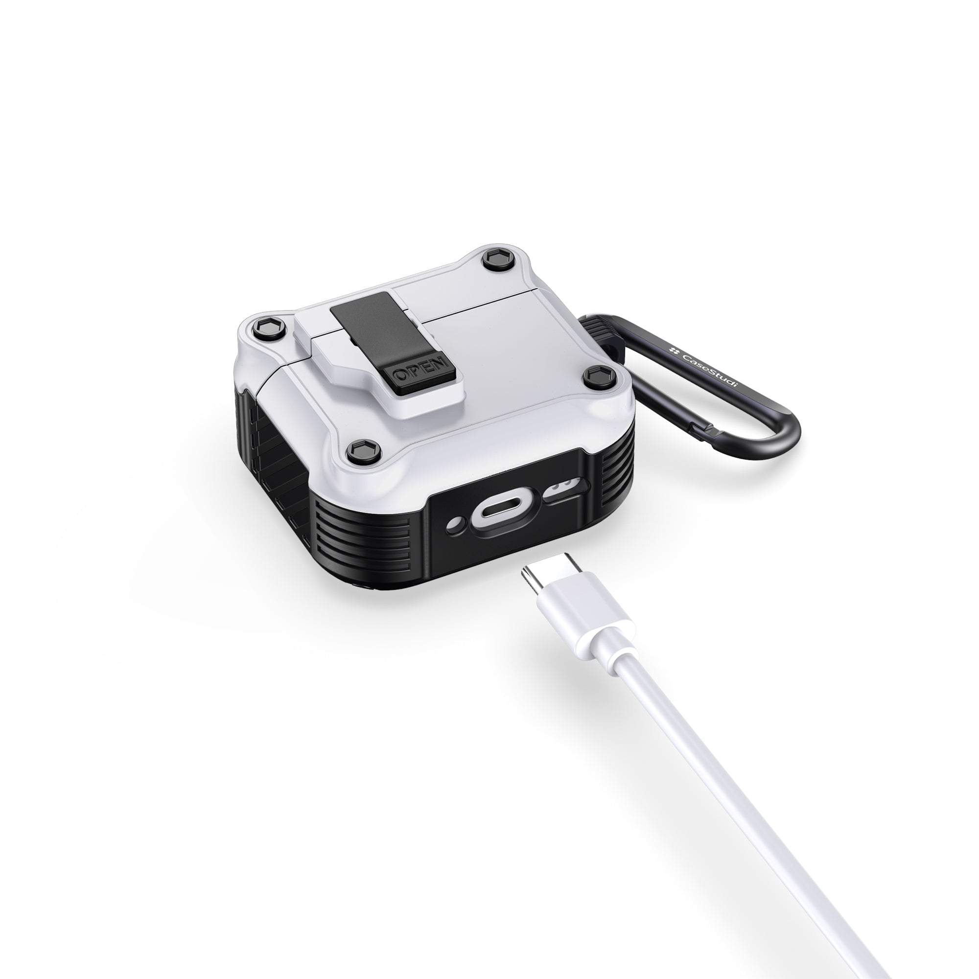 Casestudi Impact Series AirPods 4 Case in white, designed for cable charging compatibility, offering easy access to the charging port without removing the protective case.