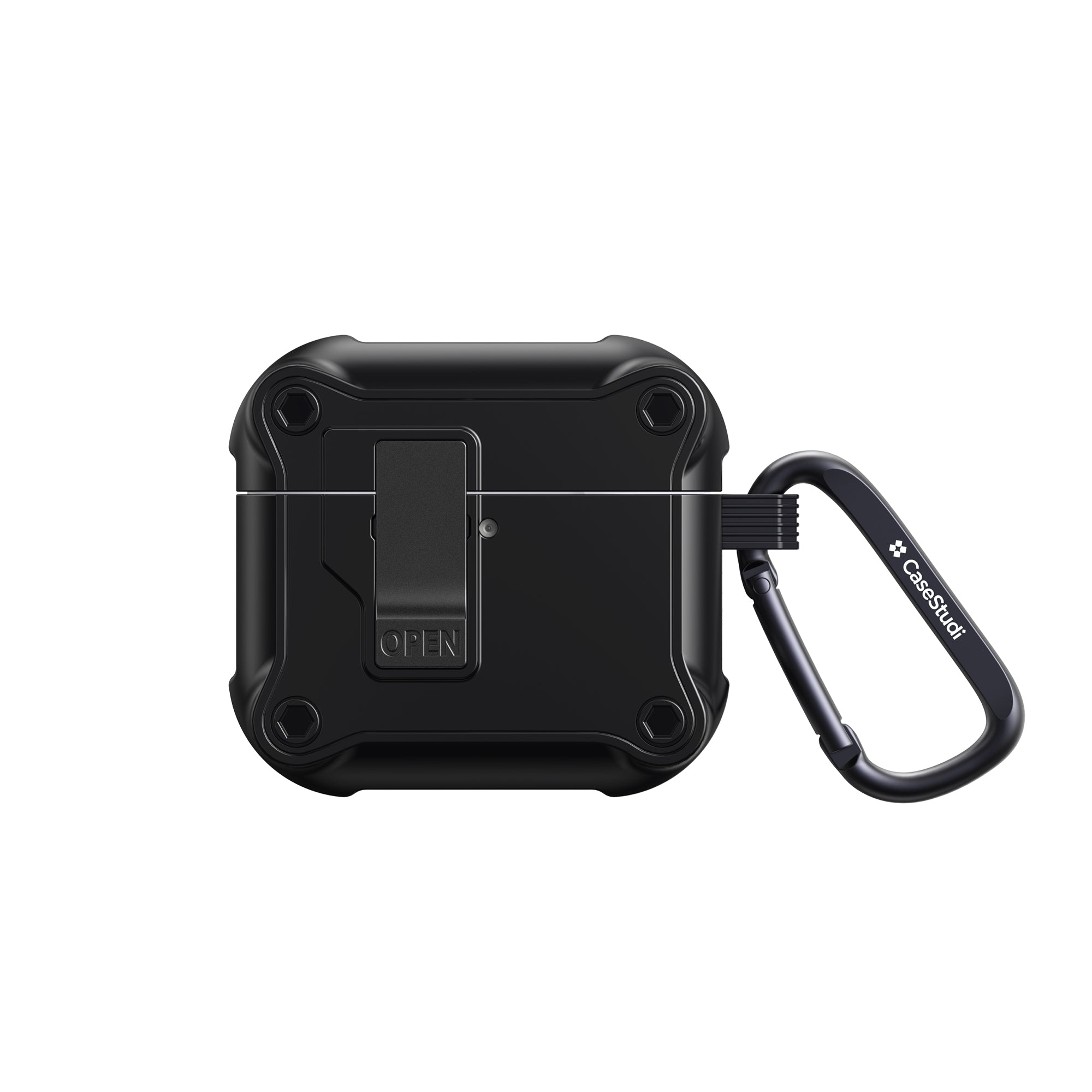 Front view of the Casestudi Impact Series AirPods 4 Case in black, showcasing its sleek and minimalist design with anti-shock properties for ultimate durability.