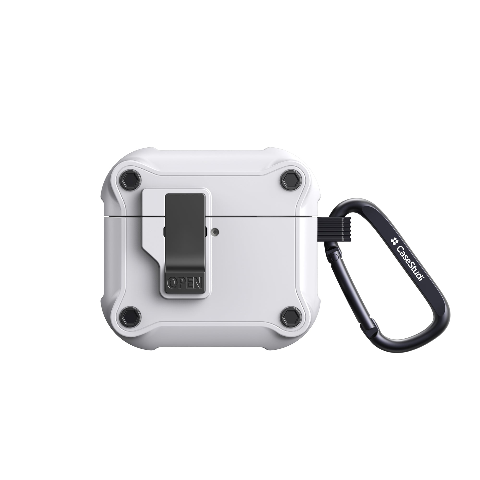 Front view of the Casestudi Impact Series AirPods 4 Case in white, showcasing its sleek and minimalist design with anti-shock properties for ultimate durability.
