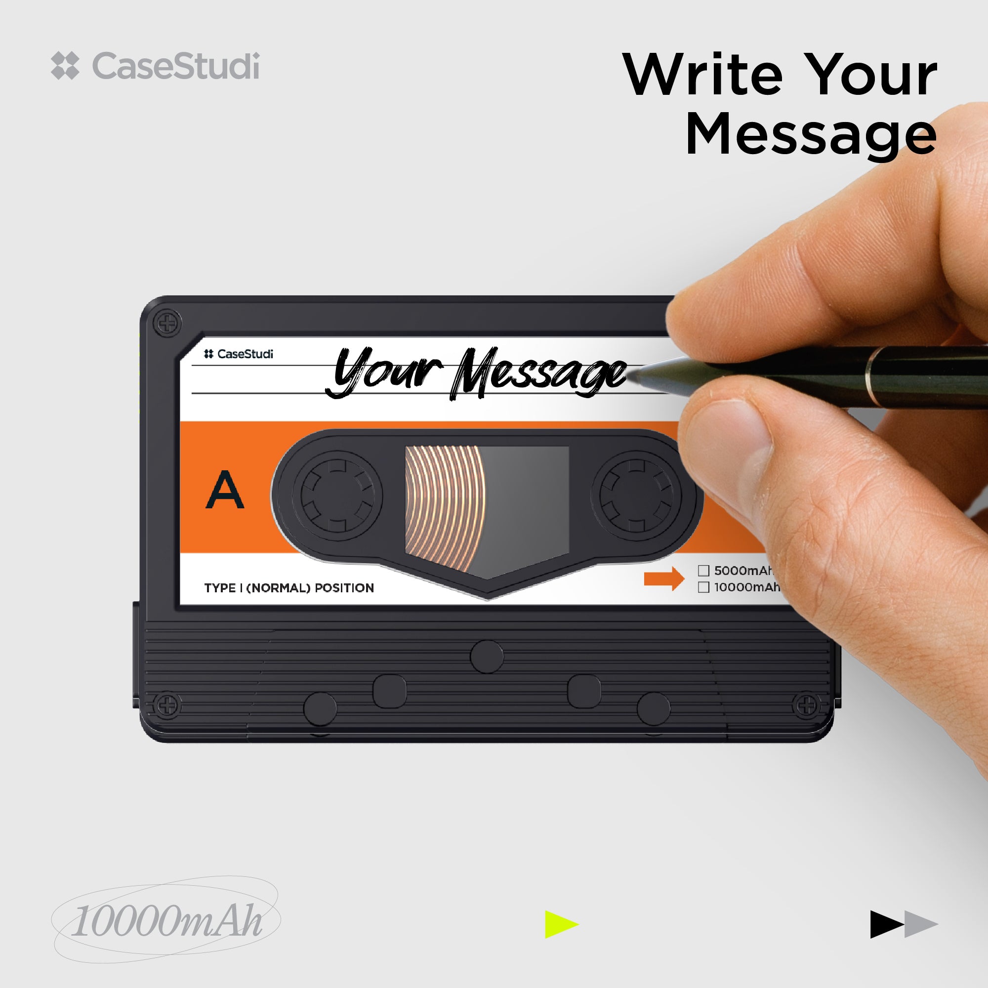 Casestudi Flashtape: A nostalgic cassette-style power bank with a customizable sticker. Keep it blank for a sleek, minimal look, or personalize it with a message, name, or artwork. A creative way to express yourself or share a heartfelt message with someone special.