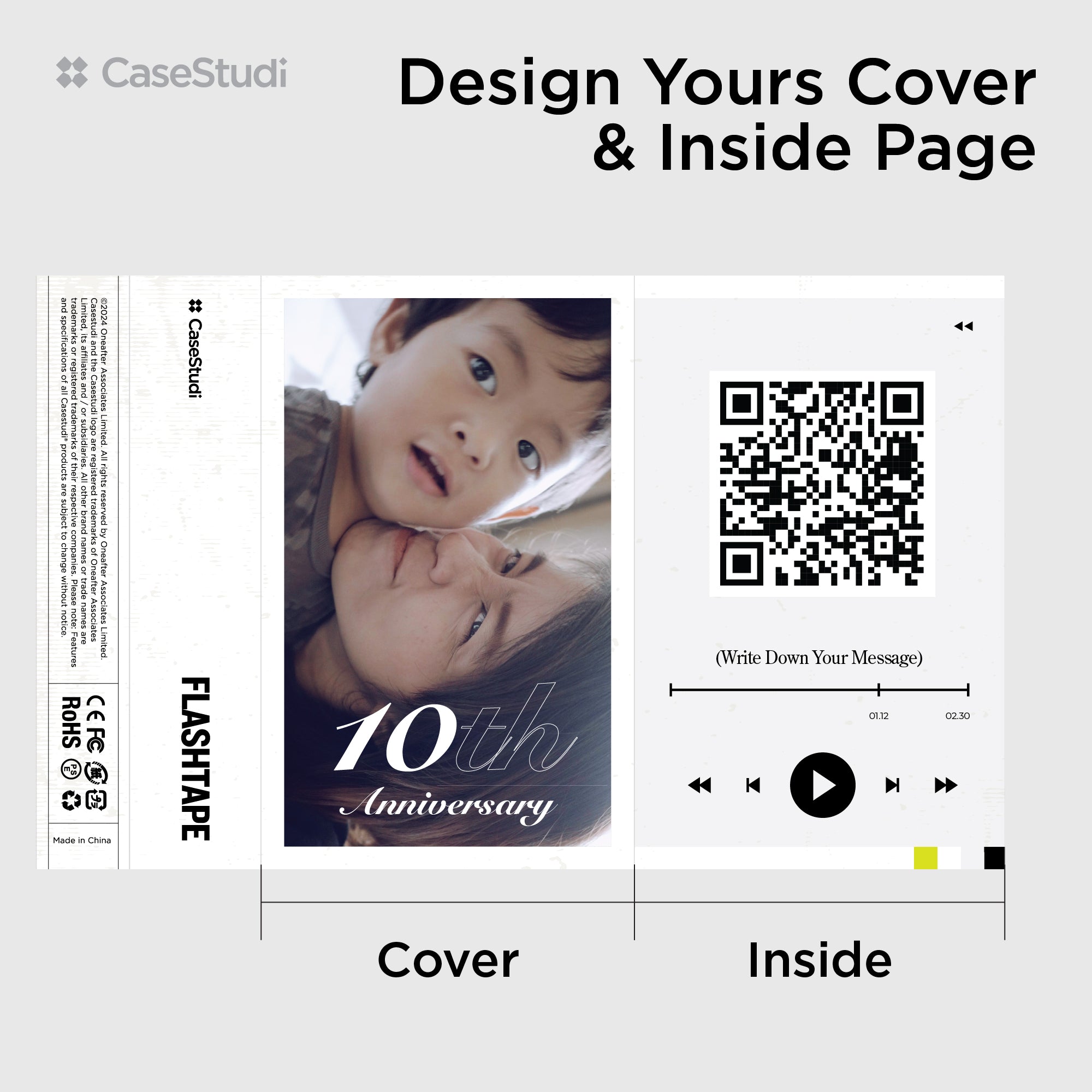 Sample of a custom Flashtape cassette cover by Casestudi—your design, your way! Upload your photo, artwork, or message to create a unique cover. Want to add a hidden surprise? Just send us a URL to your secret video, song, or message, and we'll turn it into a QR code printed inside. A perfect blend of modern tech and vintage cassette nostalgia—personalized, meaningful, and unforgettable!
