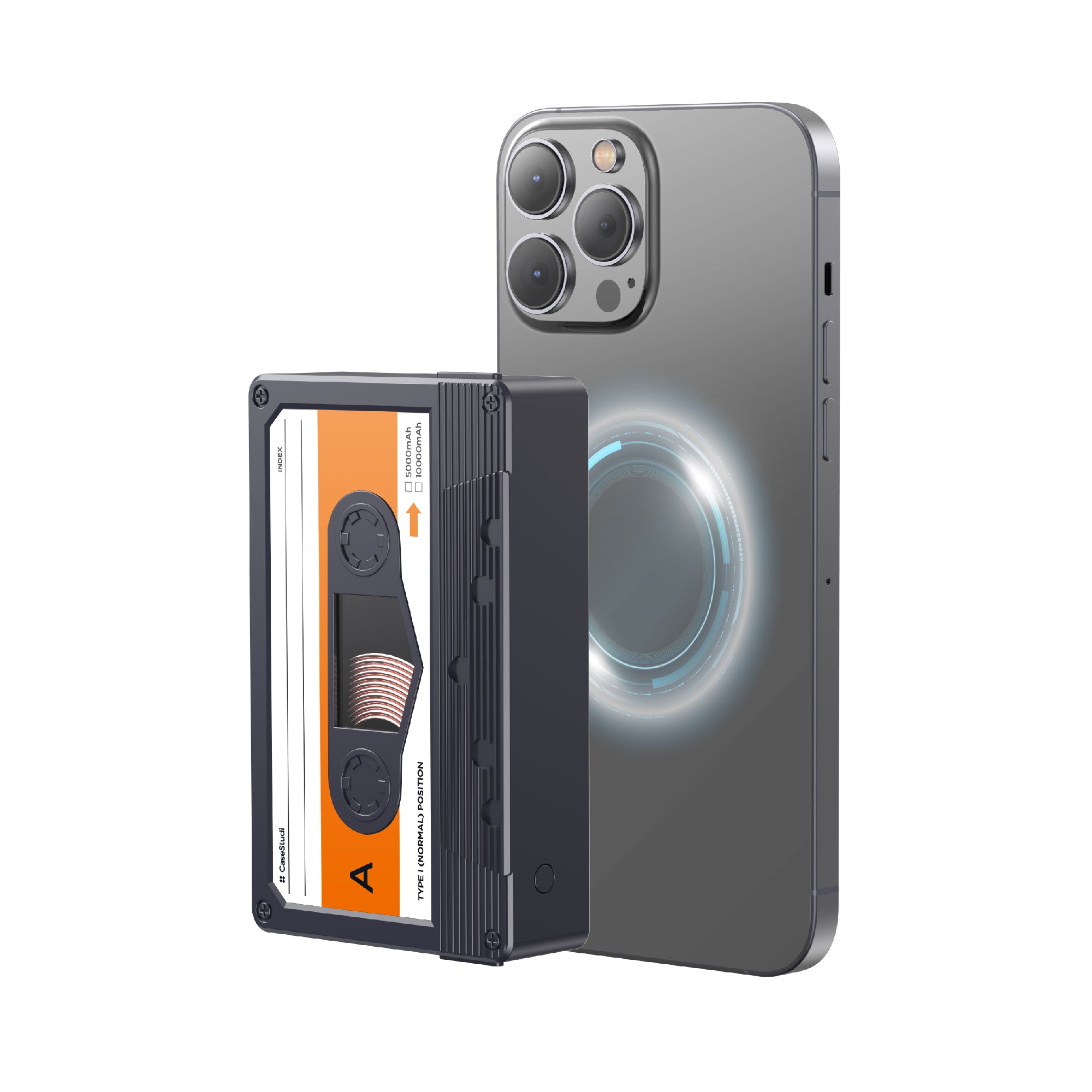 Casestudi Flashtape 10000mAh Power Bank with MagSafe Wireless Charging, Retro-Inspired Cassette Tape Design.