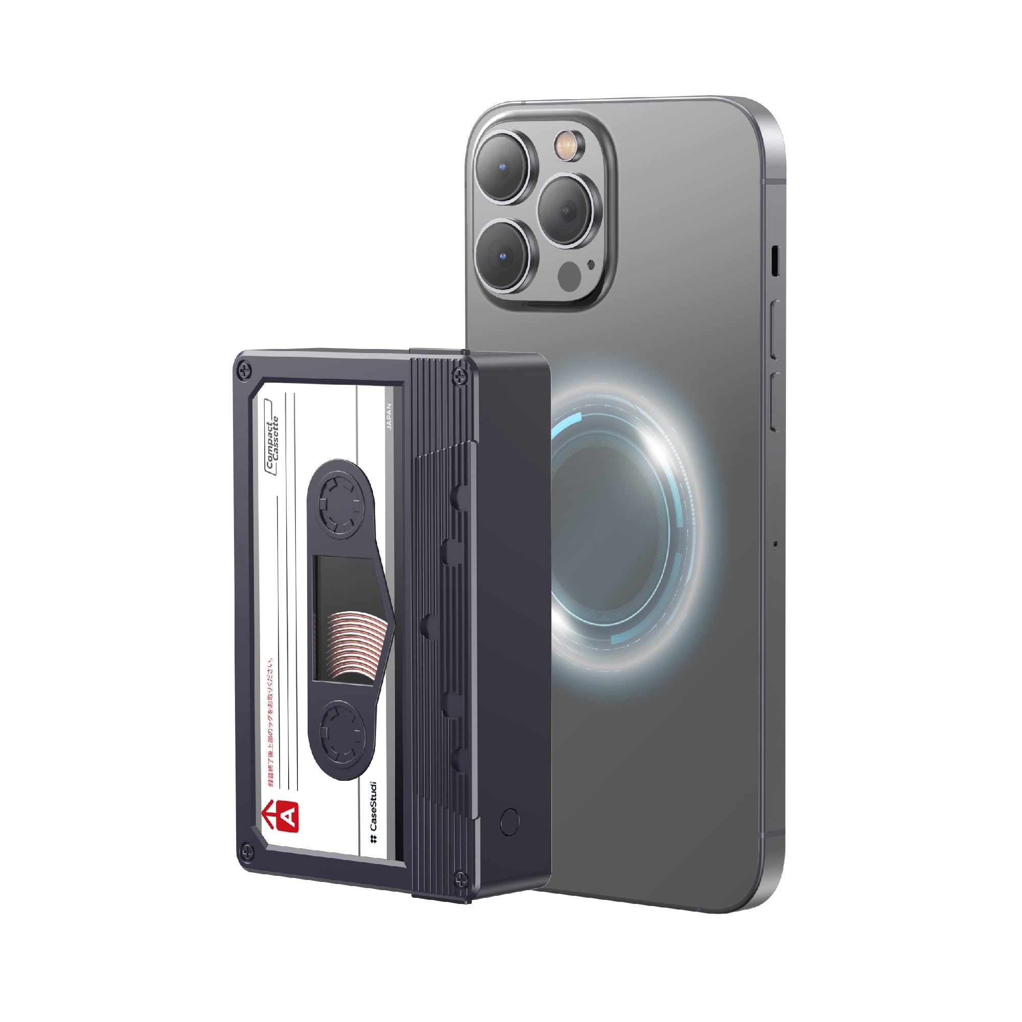Casestudi Flashtape 10000mAh Power Bank with MagSafe Wireless Charging, Retro-Inspired Cassette Tape Design.