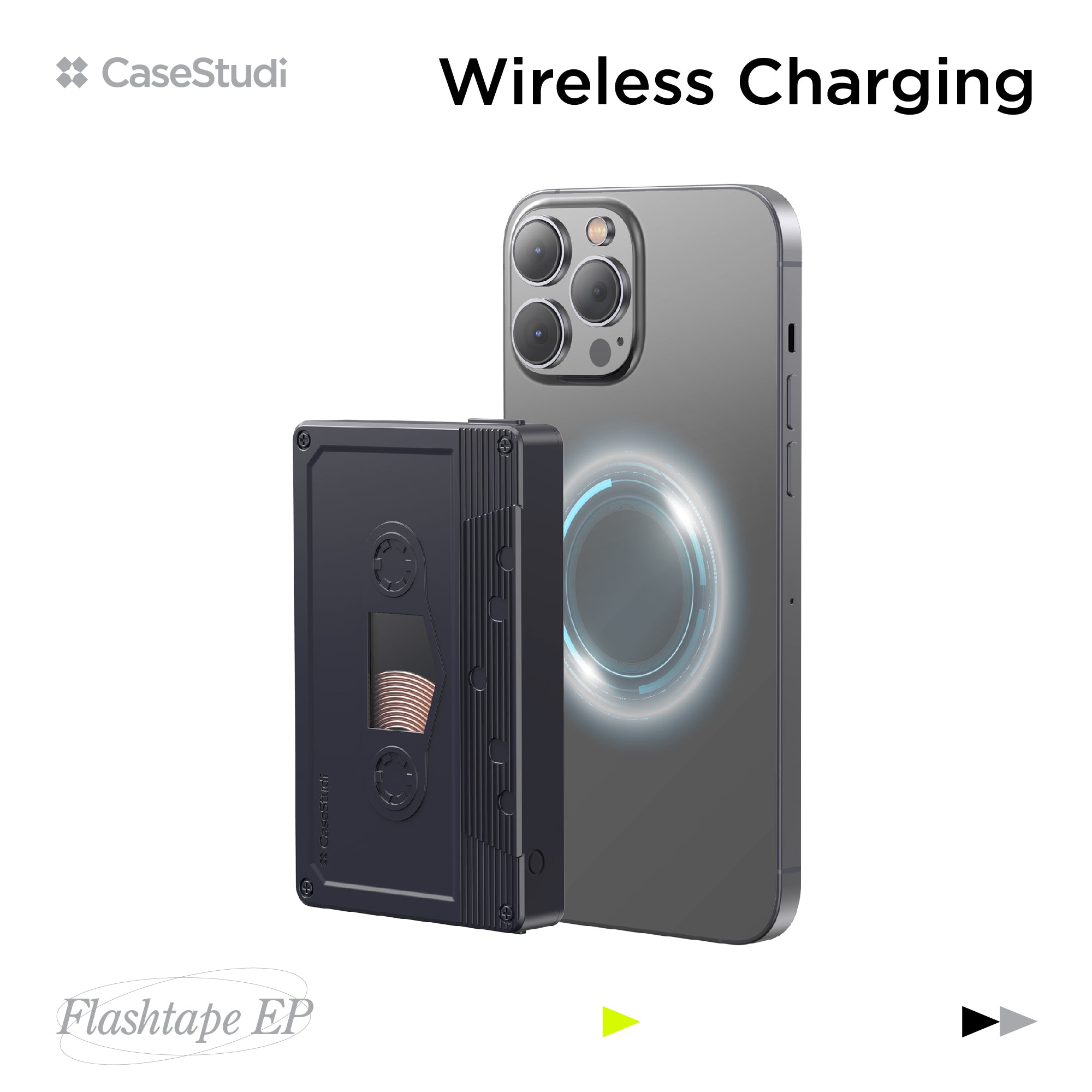 Casestudi Flashtape 5000mAh Power Bank with MagSafe Wireless Charging, Retro-Inspired Cassette Tape Design.