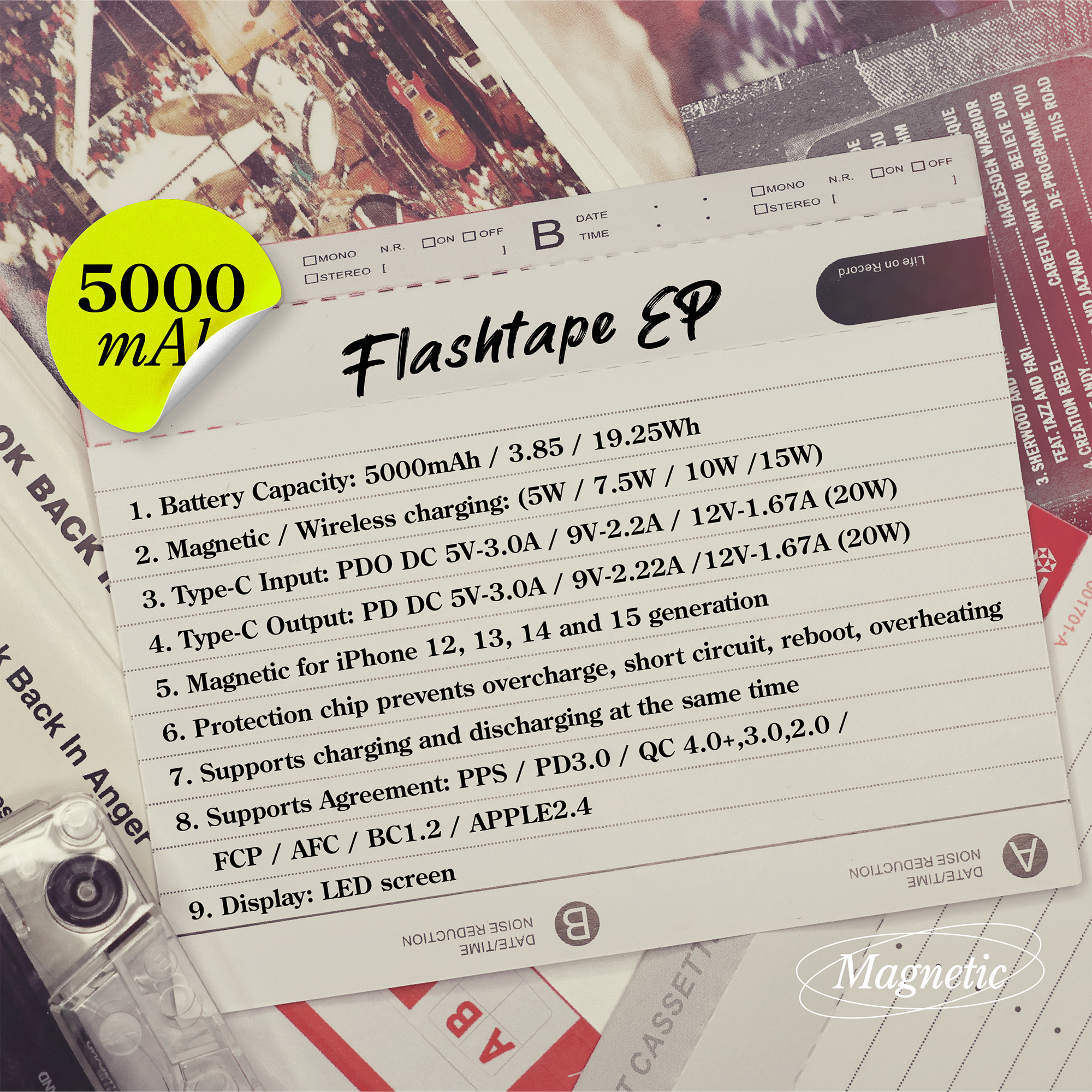 Casestudi Flashtape: 5000mAh power bank with USB-C (20W max), USB-A (22.5W max), wireless charging (15W max), LED display, and retro cassette design.