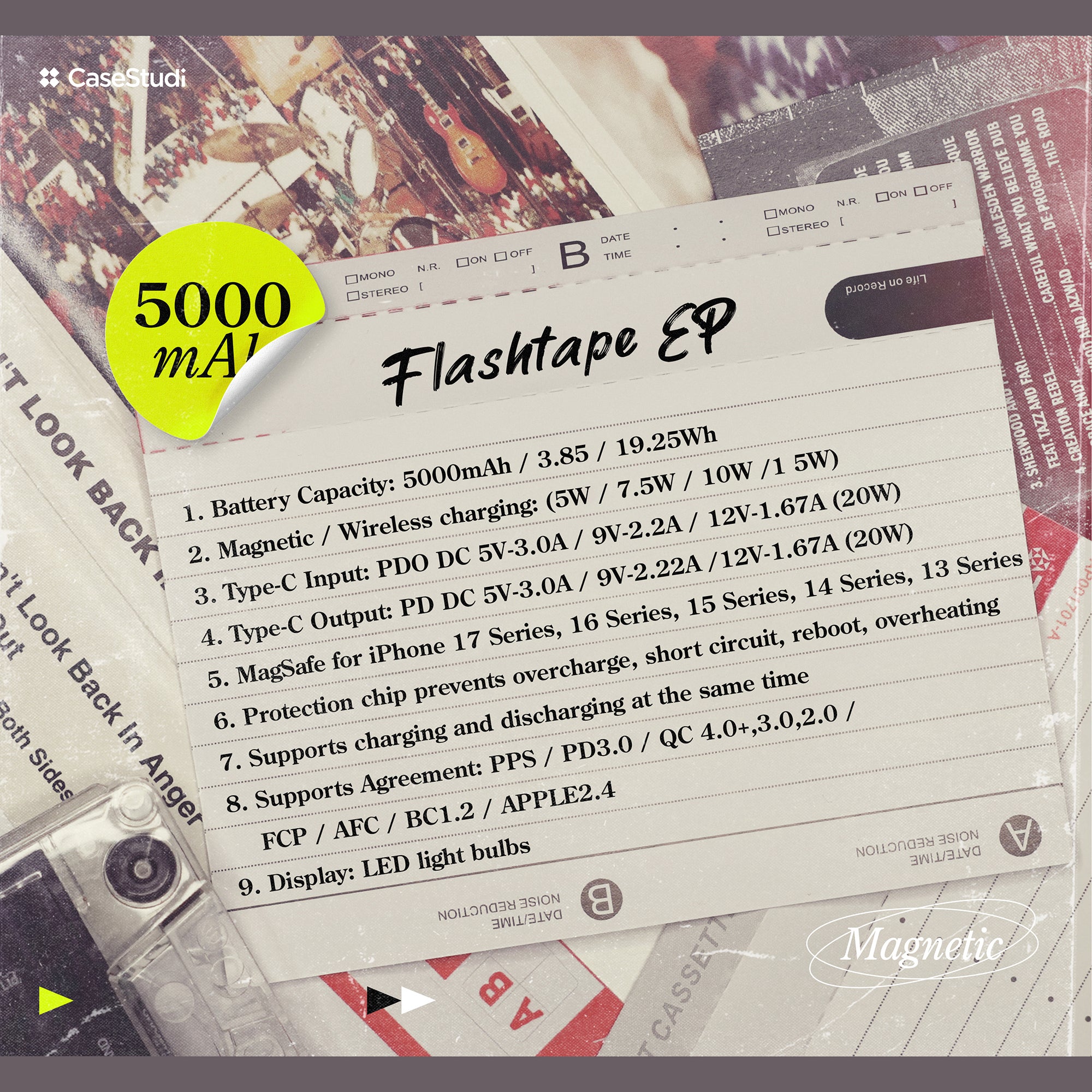 Product packaging with technical specifications and branding on a textured background. Casestudi Flashtape: 5000mAh power bank with USB-C (20W max), USB-A (22.5W max), wireless charging (15W max), LED display, and retro cassette design.