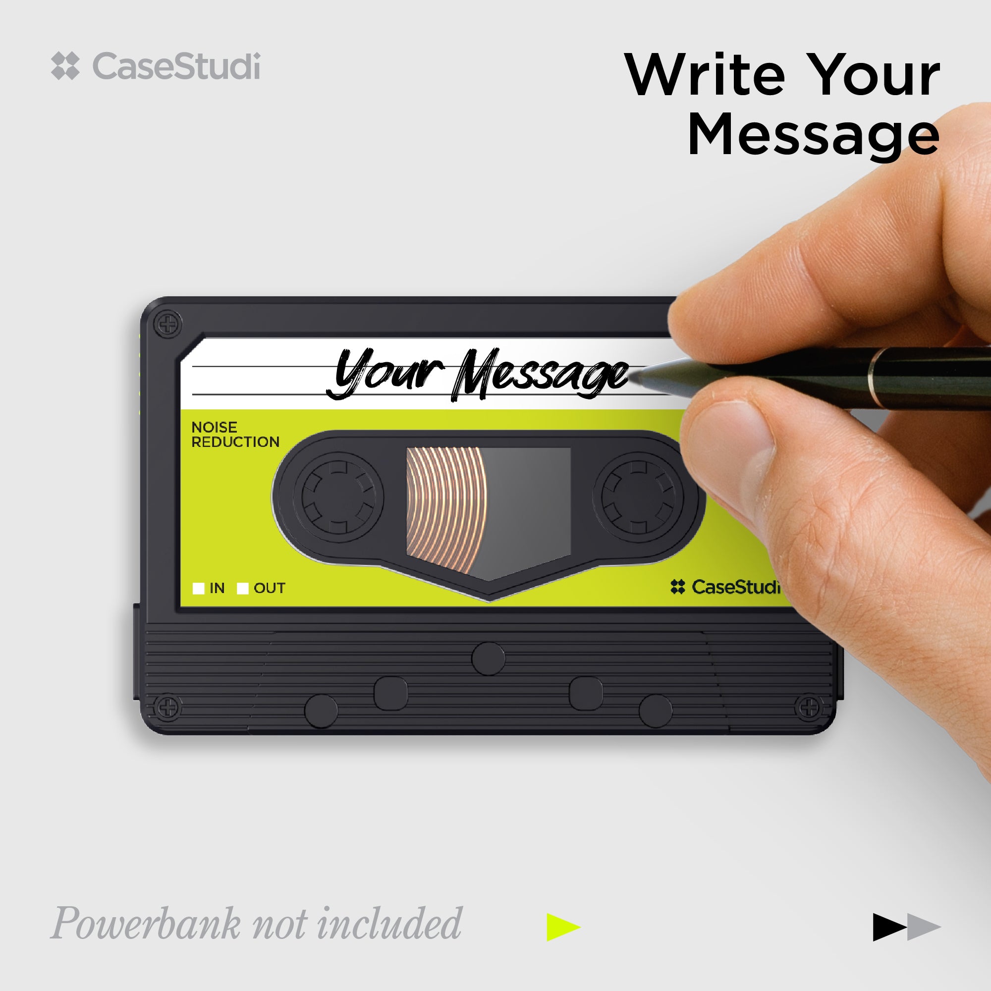Casestudi Flashtape: Personalized cassette-style power bank with space to write your own message on the cassette sticker.