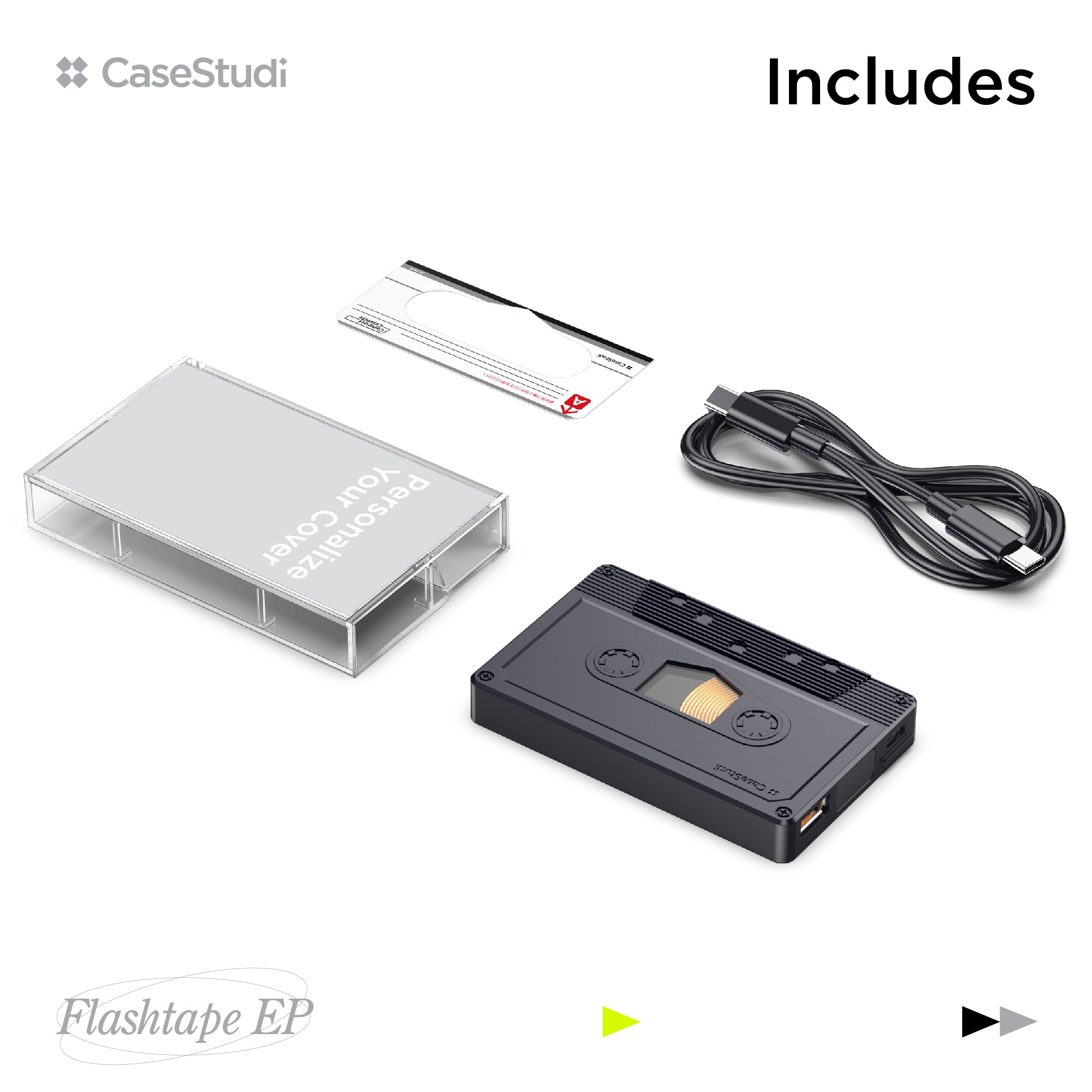 Casestudi Flashtape EP package: Includes one Flashtape EP, one cassette sticker, one USB-C to USB-C cable, and one cassette box with your personalized cover.