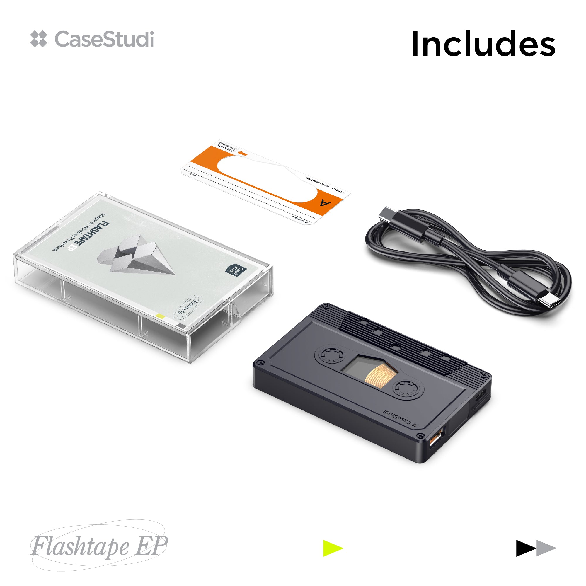 Casestudi Flashtape EP package: Includes one Flashtape EP, one cassette sticker, one USB-C to USB-C cable, and one cassette box.