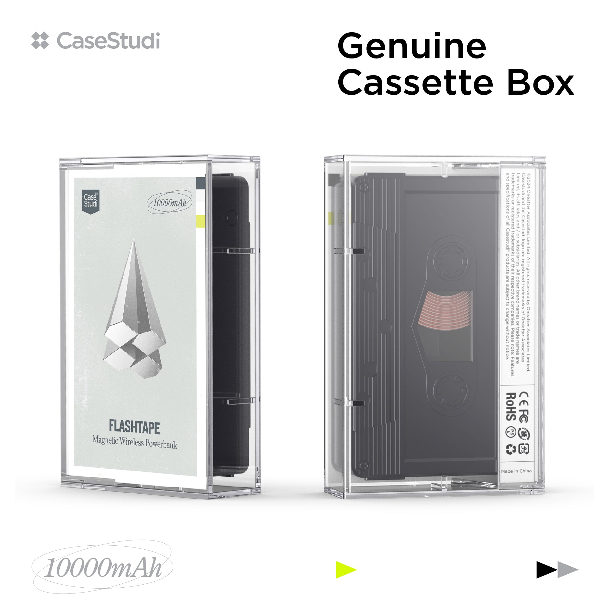 Casestudi Flashtape 10000mAh Power Bank in Genuine Cassette Box, Combining Retro Style with Modern Technology.