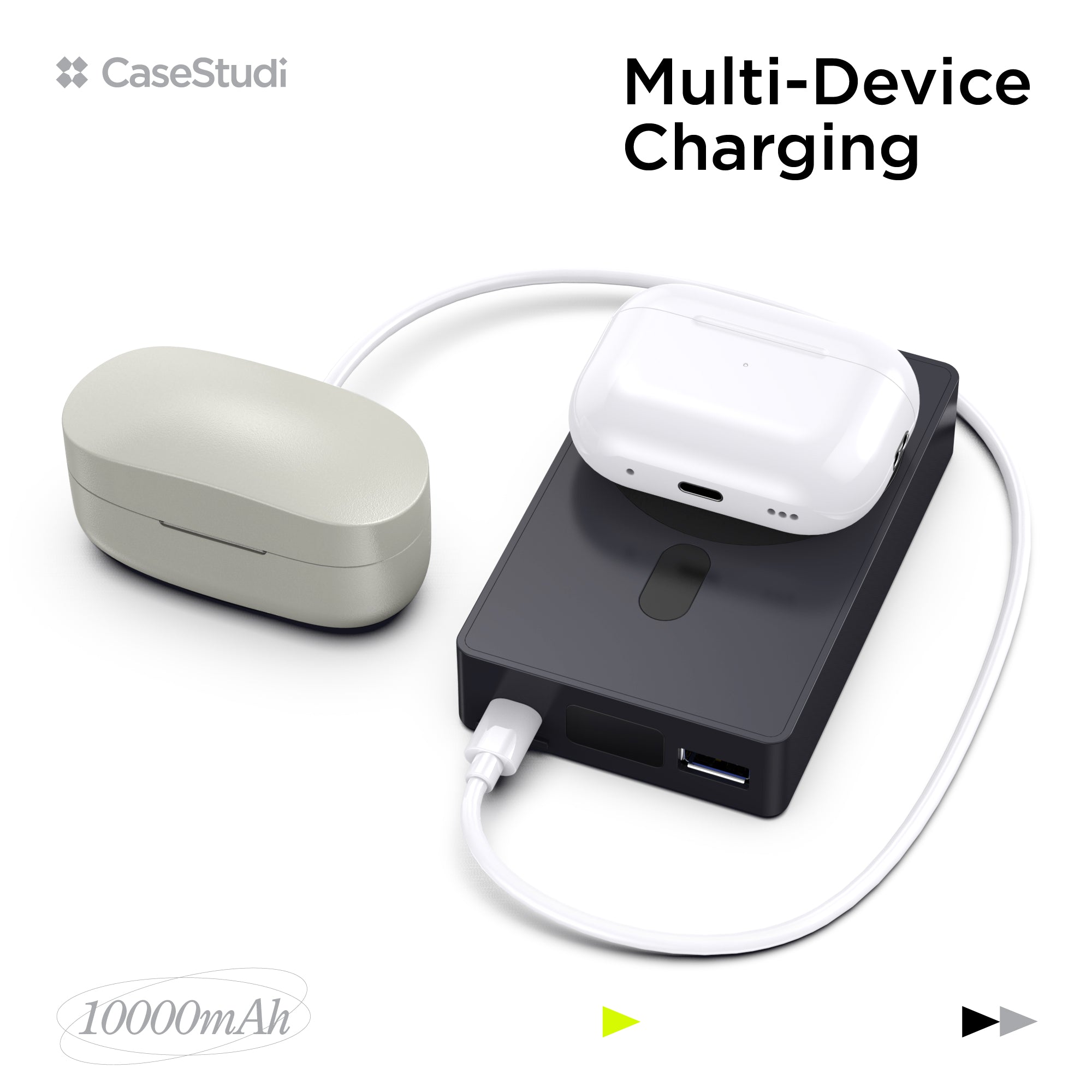 Casestudi Flashtape 10000mAh Power Bank with MagSafe Compatibility, Highlighting Retro Sony and TDK Cassette Tape-Inspired Design.