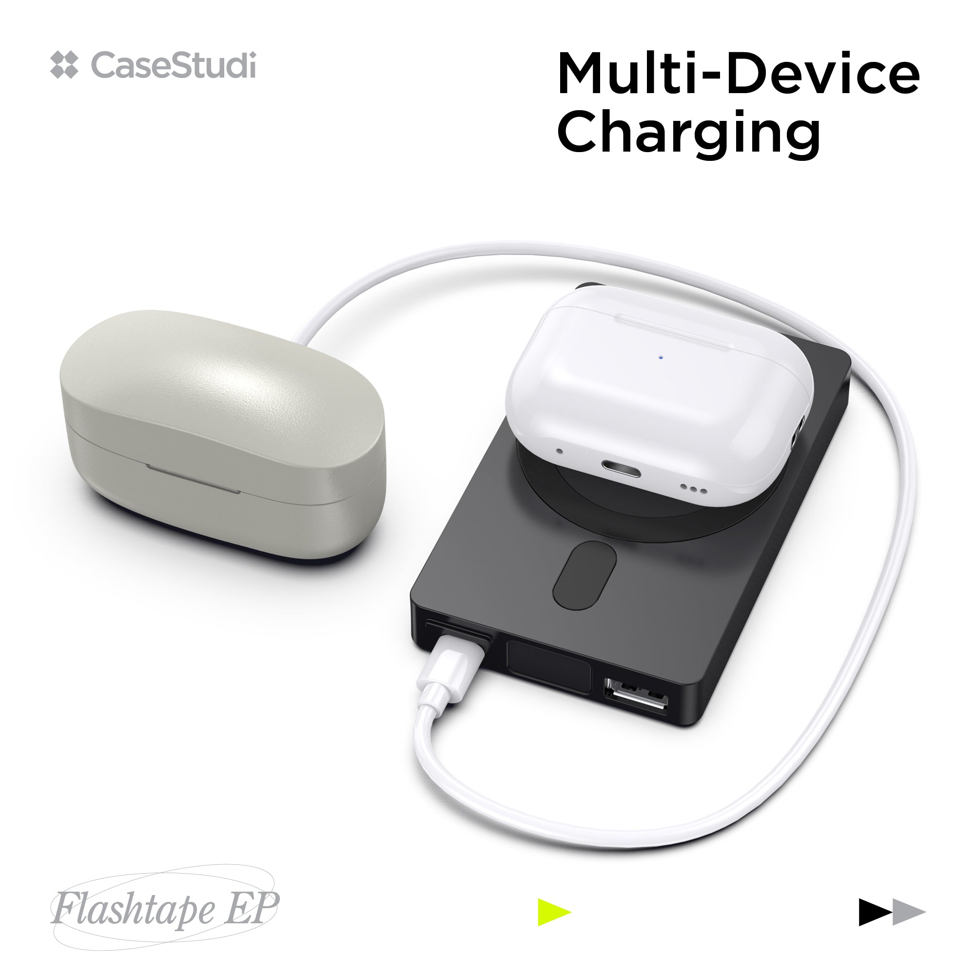 Casestudi Flashtape 5000mAh Power Bank with MagSafe Compatibility, Highlighting Retro Sony and TDK Cassette Tape-Inspired Design.