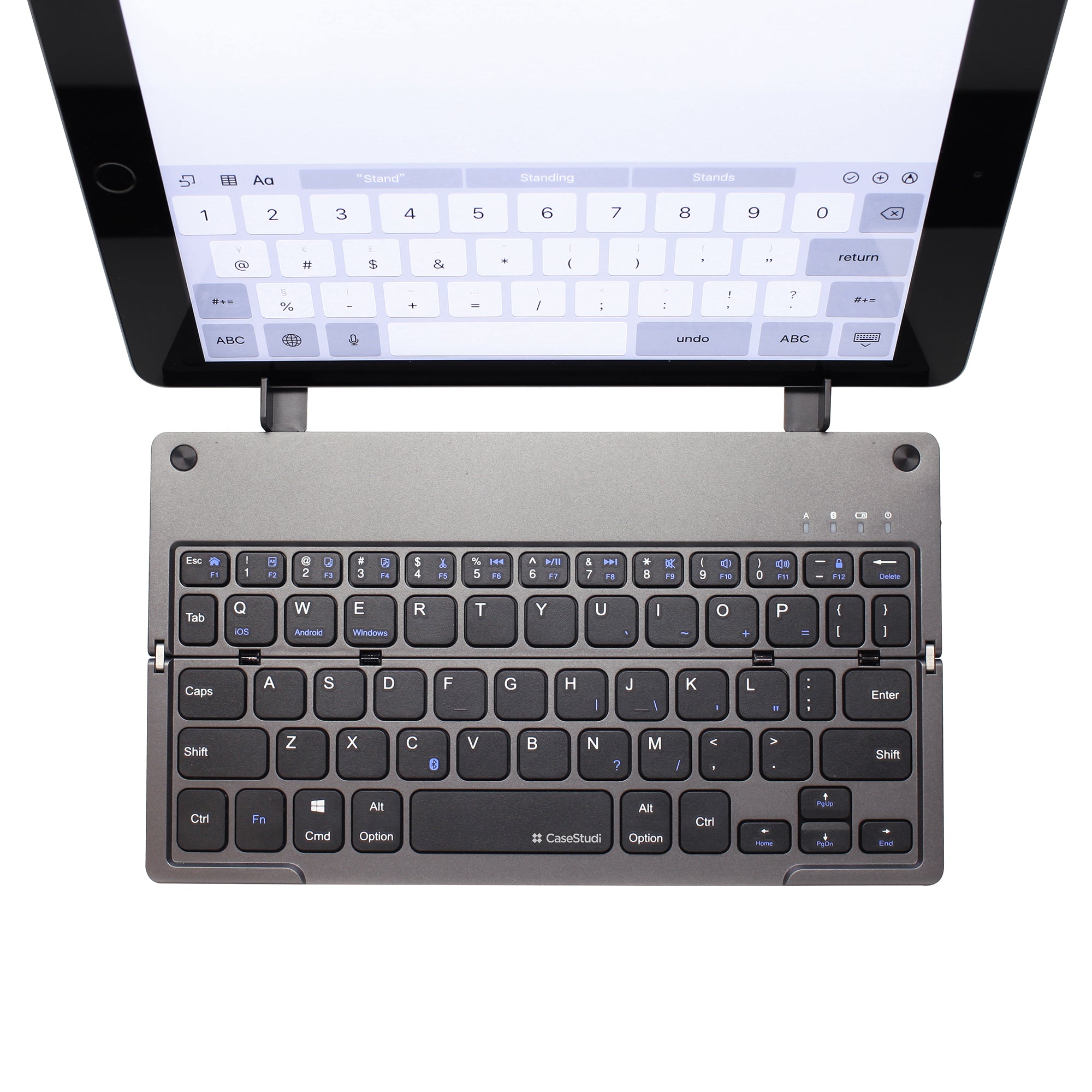 Casestudi Foldboard Stand with stand holding an iPad, highlighting its functionality and compact design.