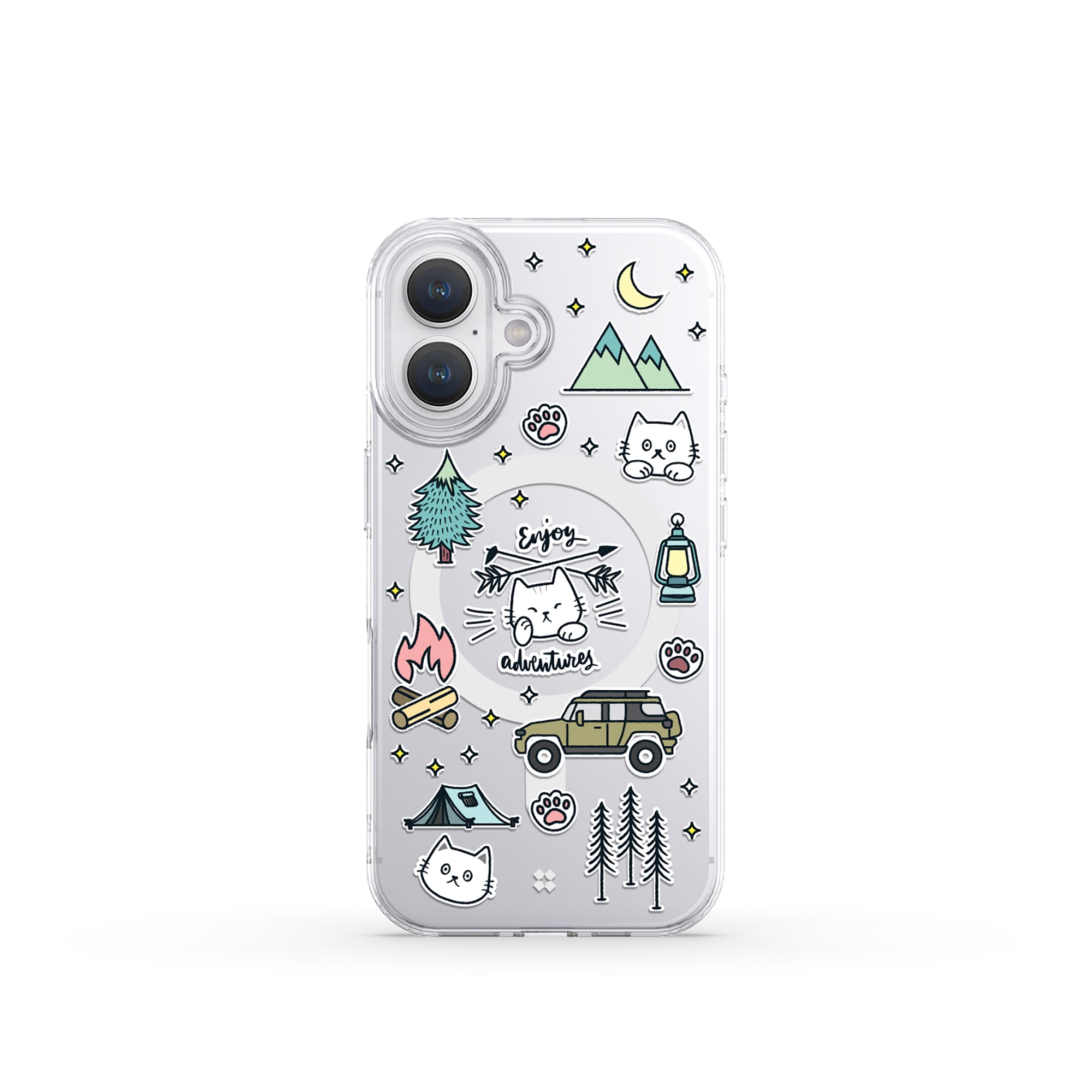 Casestudi iPhone 16 Case featuring a cozy Cast cat campfire design, ideal for cat lovers and outdoor adventurers who embrace a laid-back lifestyle.