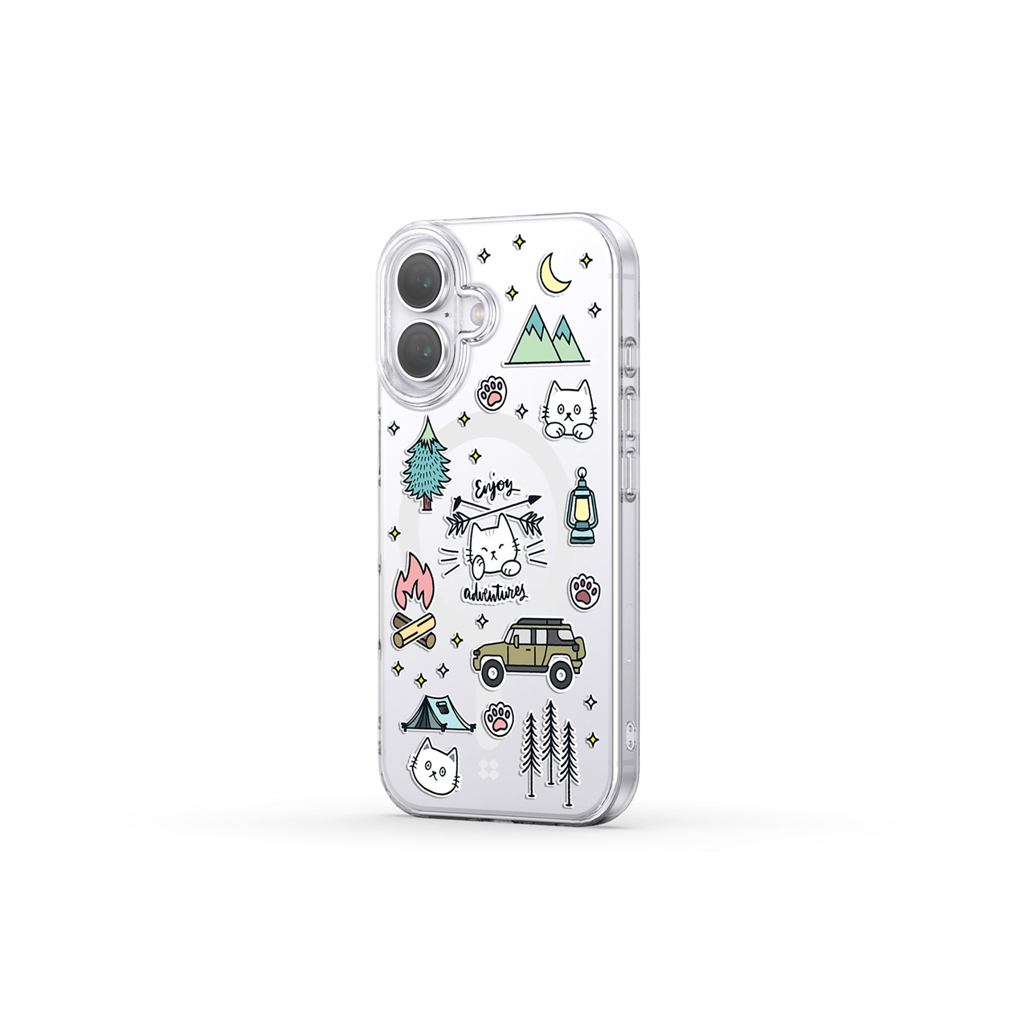 Casestudi iPhone 16 Case with a playful Cast cat campfire design, blending charm and functionality for cat enthusiasts and camping fans alike.