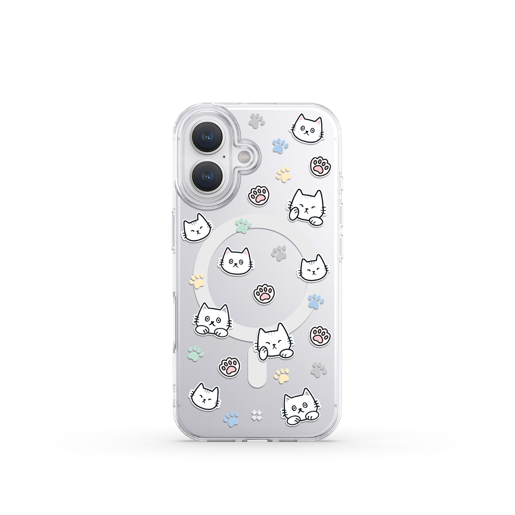 Casestudi iPhone 16 Case with a front view showcasing the Cast character design and adorable cat footprints, perfect for cat lovers seeking premium protection.