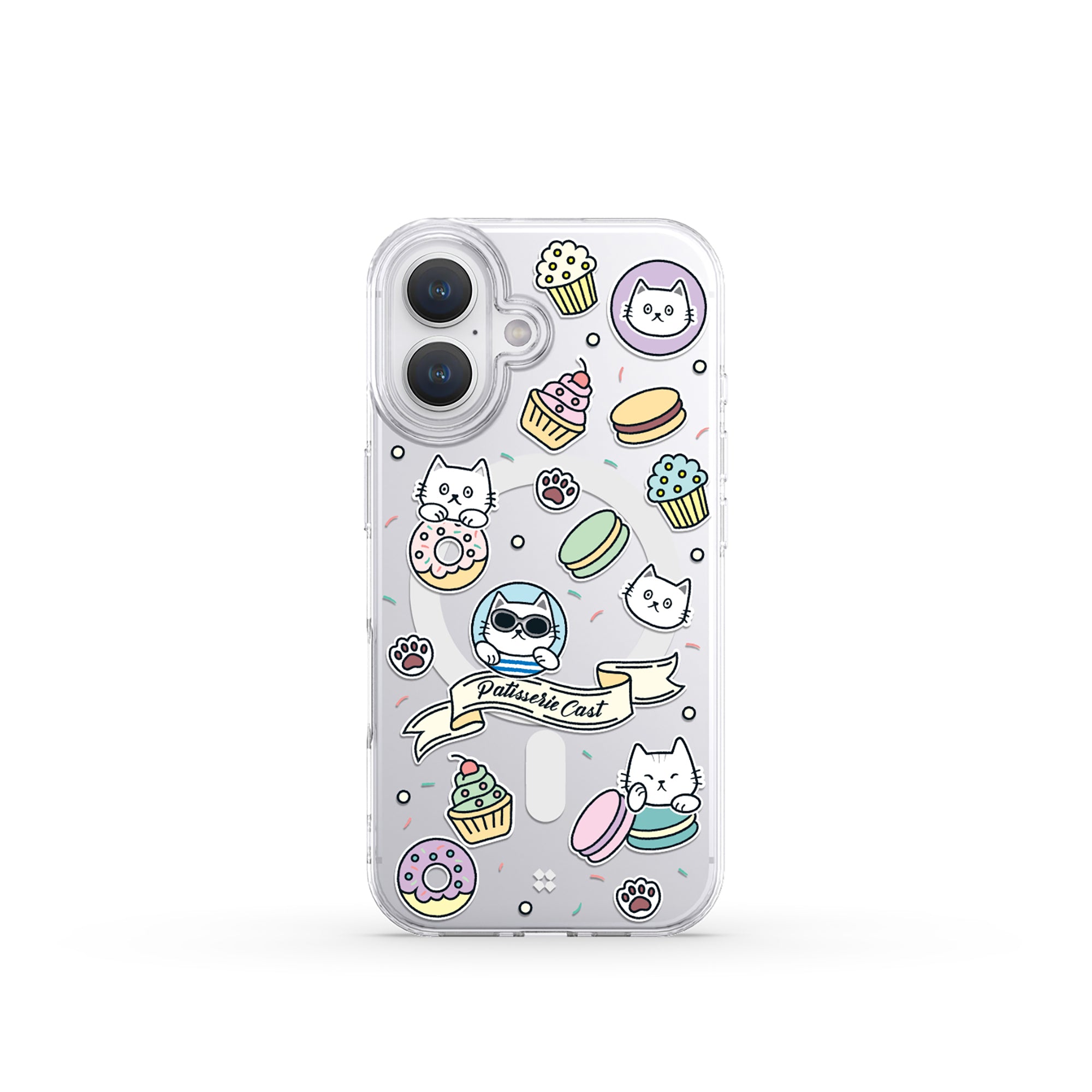 A front view of the Casestudi iPhone 16 Case, highlighting detailed illustrations of donuts, cupcakes, and macarons, perfect for those who love sweet treats.