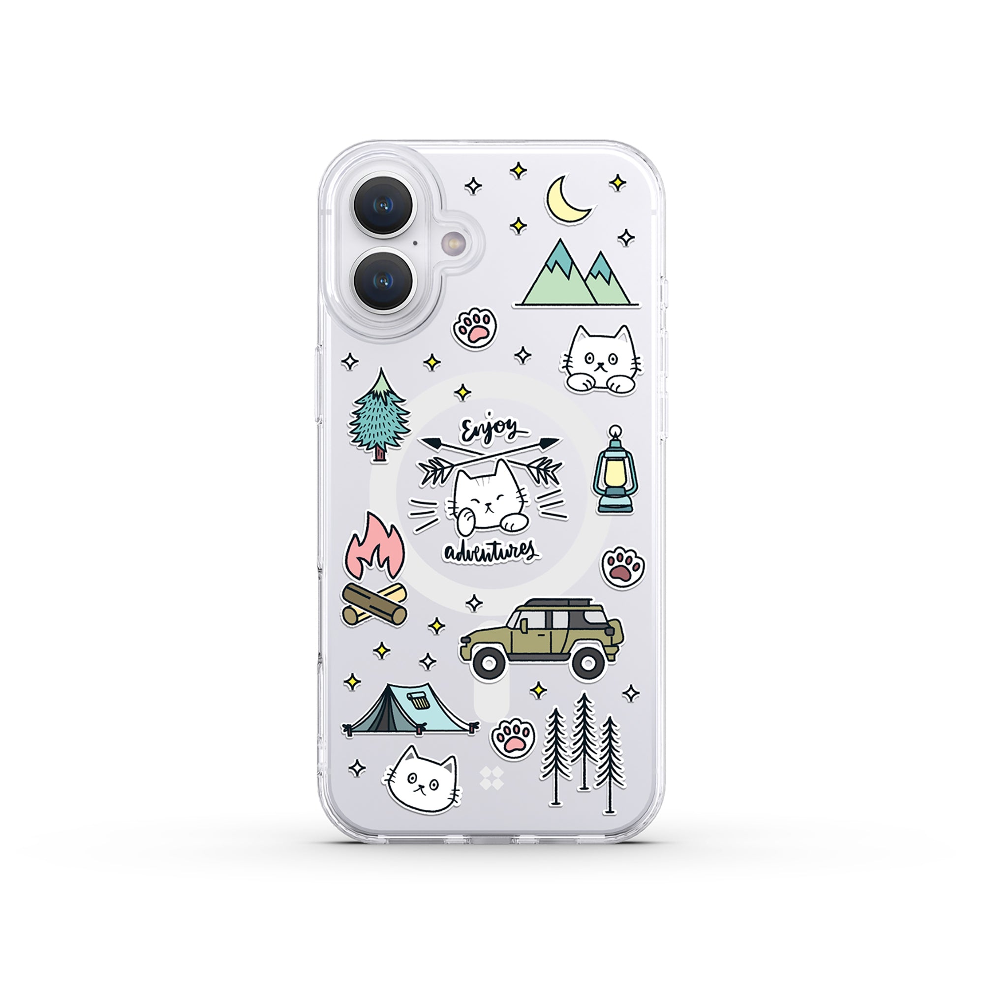 Casestudi iPhone 16 Plus Case with a charming Cast cat campfire illustration, ideal for those who love cats and a camping-inspired lifestyle.