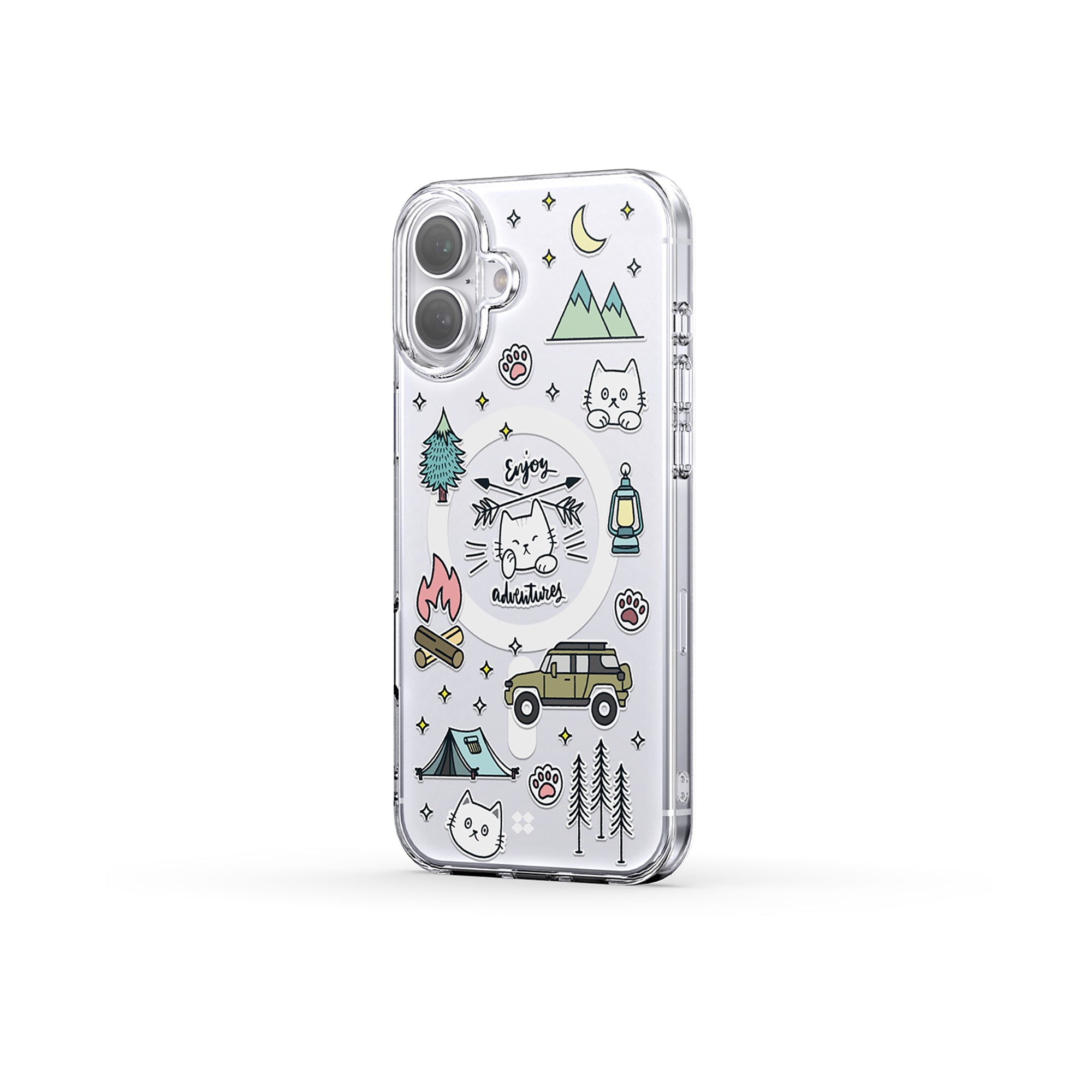 Casestudi iPhone 16 Plus Case featuring a delightful Cast cat by the campfire, blending style and functionality for cat and camping fans.