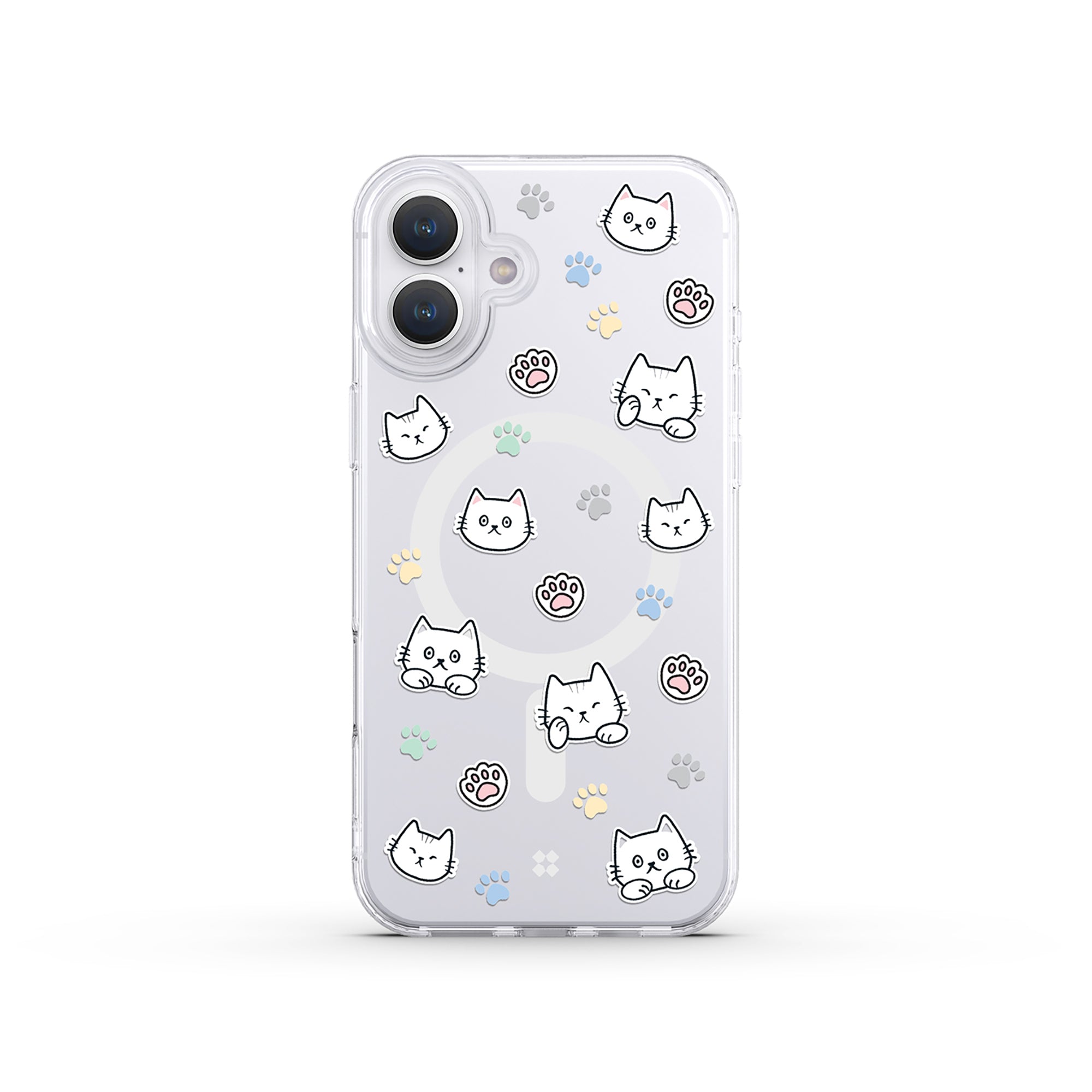 Casestudi iPhone 16 Plus Case with a front view showcasing the Cast character design and adorable cat footprints, perfect for cat lovers seeking premium protection.