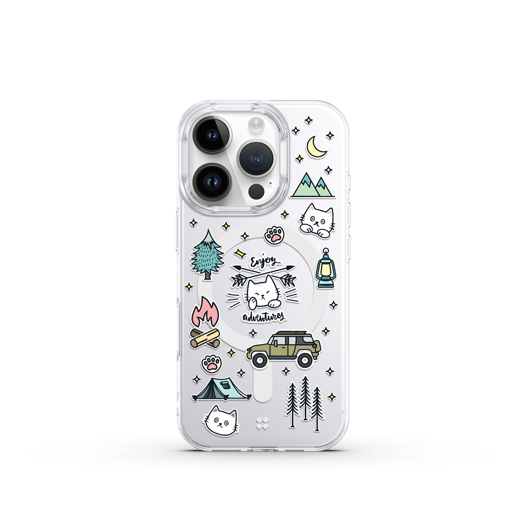 Casestudi iPhone 16 Pro Case with a charming Cast cat campfire pattern, tailored for those who cherish their love for cats and the outdoors.