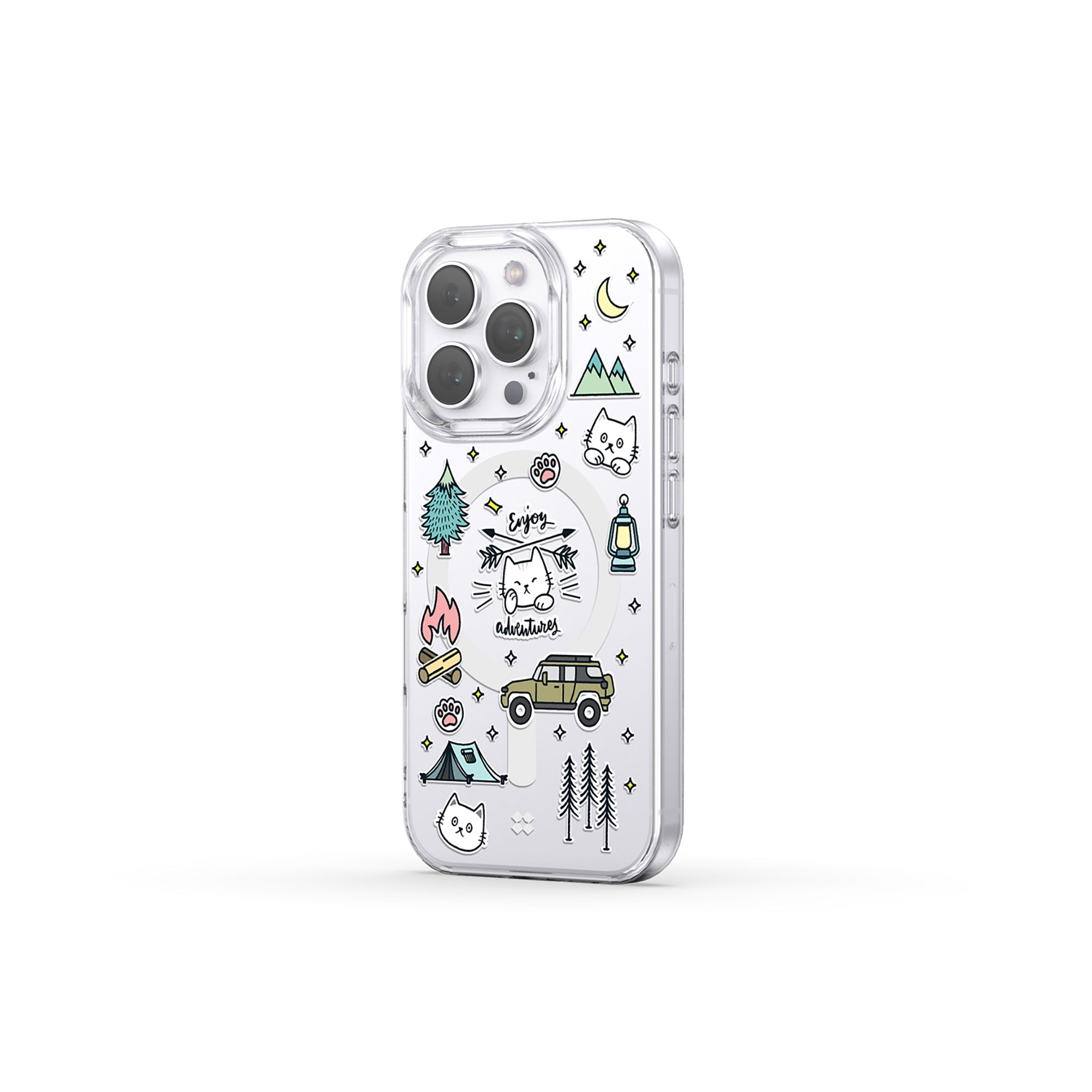 Casestudi iPhone 16 Pro Case showcasing a playful Cast cat enjoying the campfire, blending luxury and functionality for cat and camping enthusiasts.