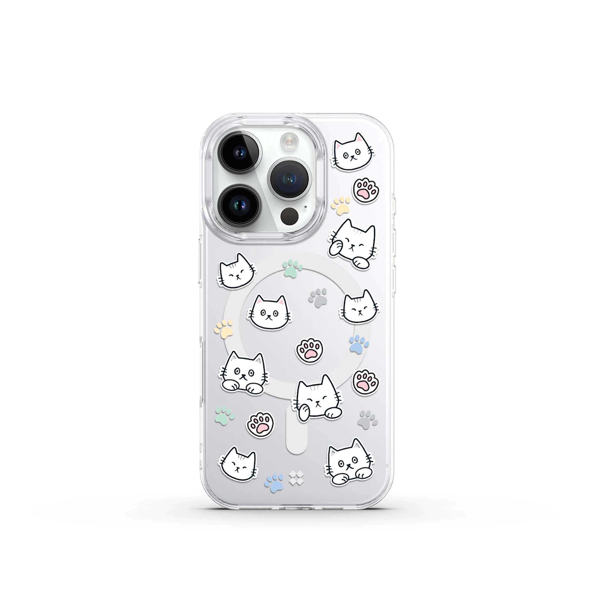 Casestudi iPhone 16 Pro Case with a front view showcasing the Cast character design and adorable cat footprints, perfect for cat lovers seeking premium protection.
