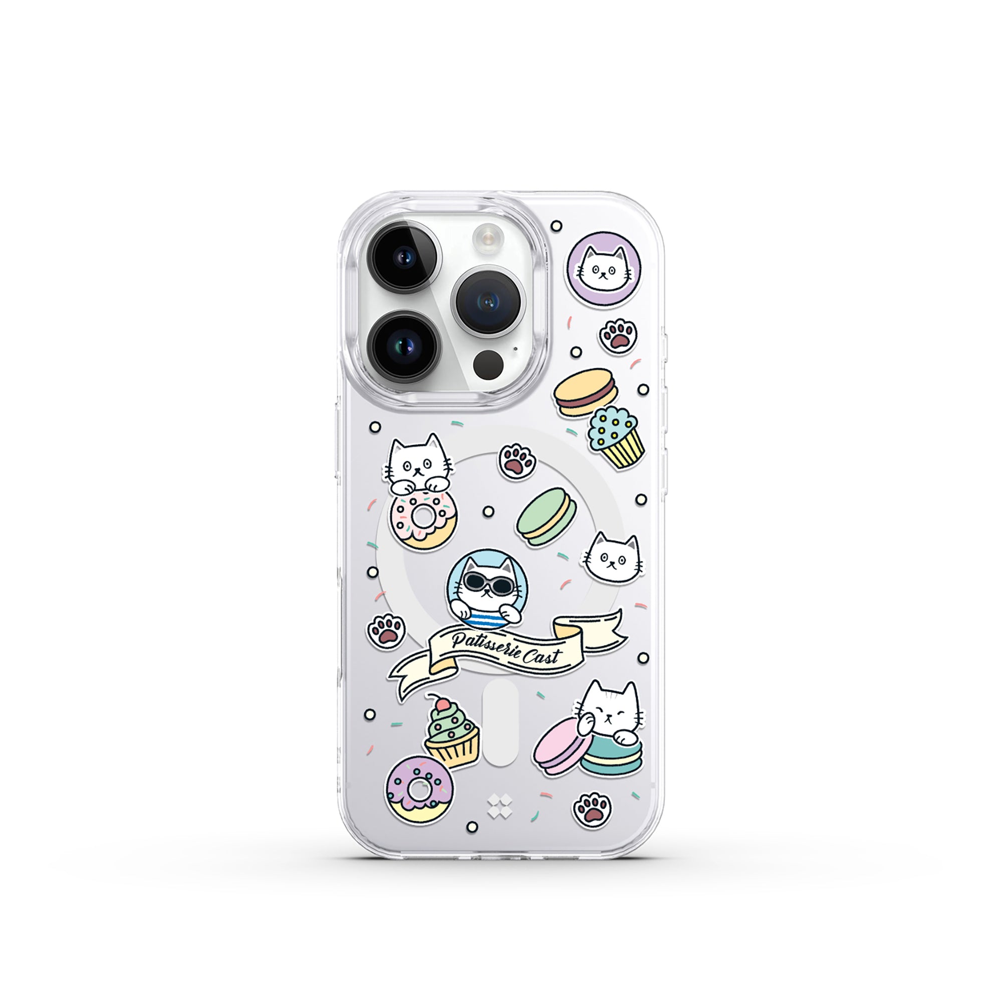 A front view of the Casestudi iPhone 16 Pro Case, displaying intricate details of donuts, cupcakes, and macarons, ideal for those who adore sweet treats.