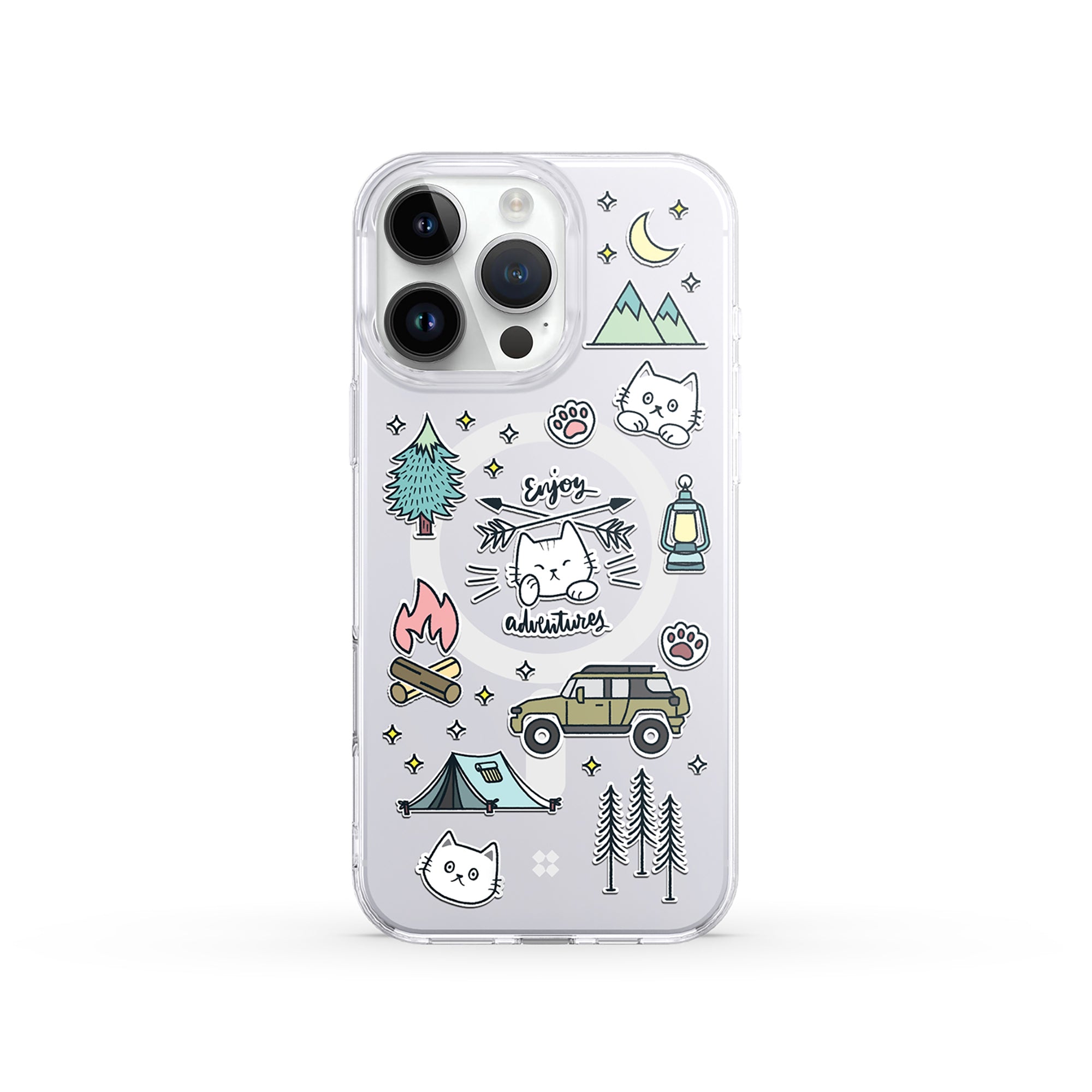 Casestudi iPhone 16 Pro Max Case featuring a charming Cast cat by the campfire, designed for those who adore cats and camping adventures.